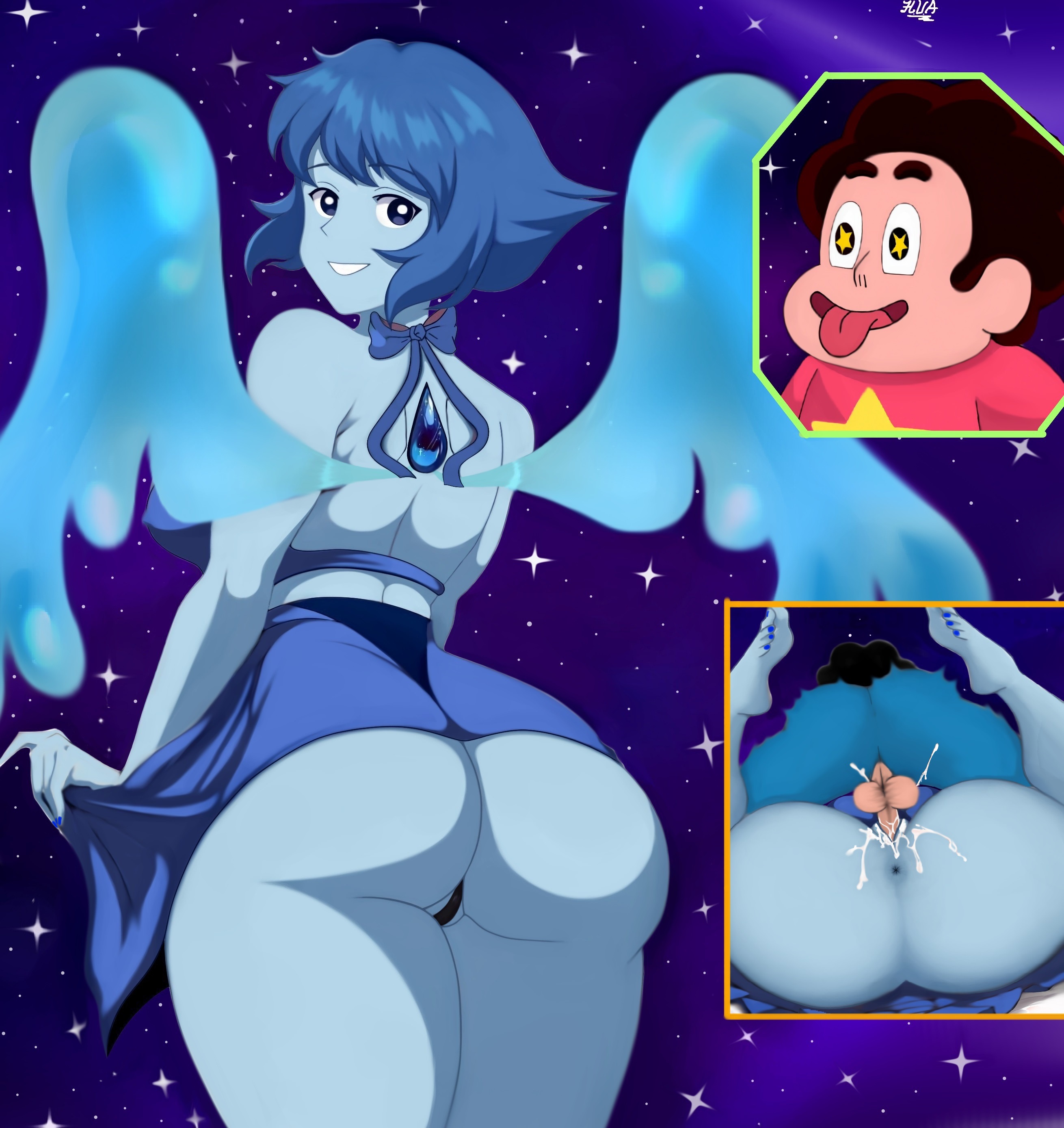 1boy, 1girls, 2d, 2d (artwork), absurdres, age difference, alien, alien girl, artist request, ass, blue skin, cartoon network, color, female, fucked from behind, gem, illustration, lapis lazuli (gem), lapis lazuli (steven universe), male, mating press, penetration, sex, steven quartz universe, steven universe, water wings, younger male
