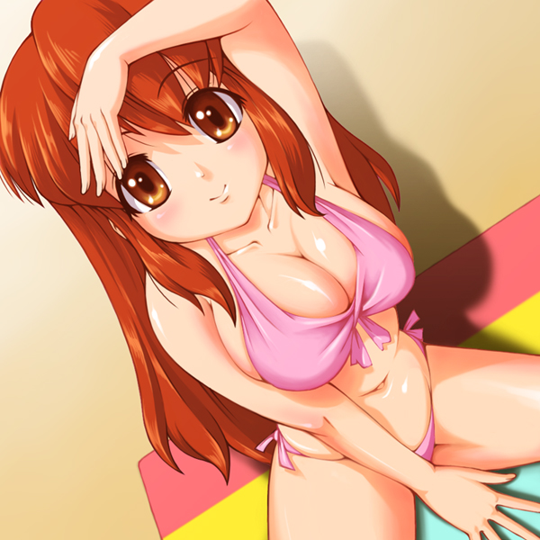 2000s_(style) asahina_mikuru bikini breasts brown_eyes brown_hair cleavage commentary_request female large_breasts photoshop_(medium) pink_bikini sarutoru solo suzumiya_haruhi_no_yuuutsu swimsuit