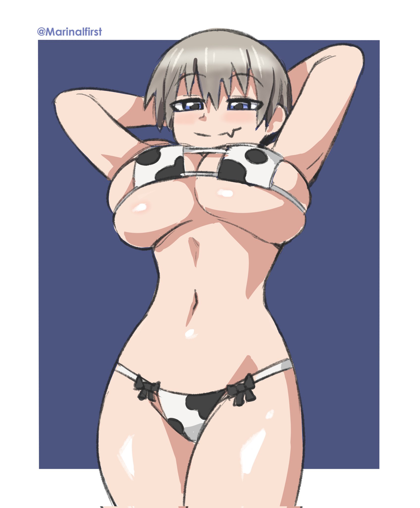 1girls, 2d (artwork), bikini, breasts, cow girl, cow print, female, female only, large breasts, marinalfirst, smug, smug face, solo, uzaki hana, uzaki-chan wa asobitai!