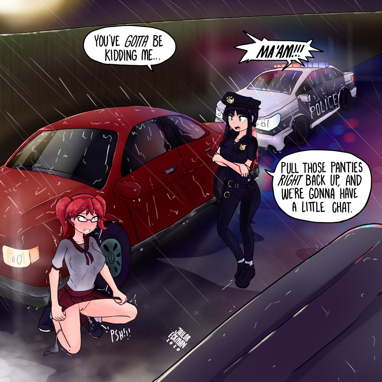 2girls black_hair breasts car crying crying_with_eyes_open english_text handcuffs jailor_eckman open_mouth original panties panties_around_one_leg peeing police policewoman rain red_hair skirt skirt_lift underwear white_panties