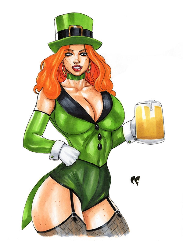 beer child_bearing_hips choker chris_foulkes curvy curvy_body curvy_female curvy_figure earrings freckles freckles_on_face light-skinned_female light_skin original original_character red_hair smile smiling st._patrick's_day thick_thighs white_background