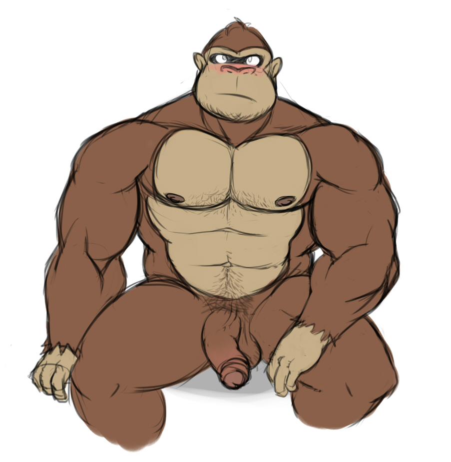 1boy abs balls biceps big_muscles blush brown_fur brown_nipples donkey_kong donkey_kong_(series) fur gorilla humanoid_penis looking_at_viewer male male_only mammal muscles nipples nude pecs penis plain_background pose primate sitting solo tan_fur toned uncut vein white_background wkd