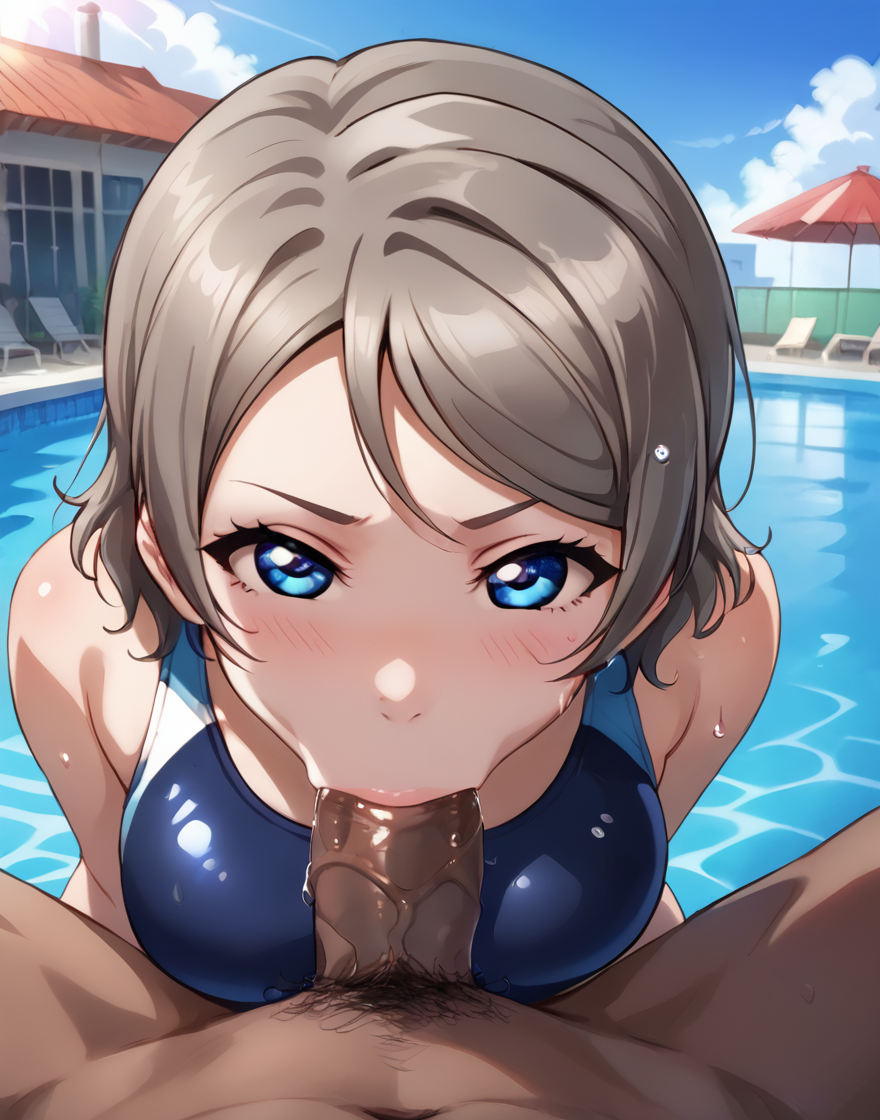 1boy 1girls age_difference ai_generated blowjob blue_eyes blue_swimsuit breasts brown_hair competition_swimsuit cute dark-skinned_male deep_blowjob eye_contact fellatio female hands-free imminent_deepthroat interracial kneeling large_penis light-skinned_female light_brown_hair love_live! love_live!_sunshine!! one-piece_swimsuit one_eye_closed oral oral_sex penis petite pool pov short_hair skinny slim swimsuit swimwear teenager watanabe_you wink young younger_female_older_female