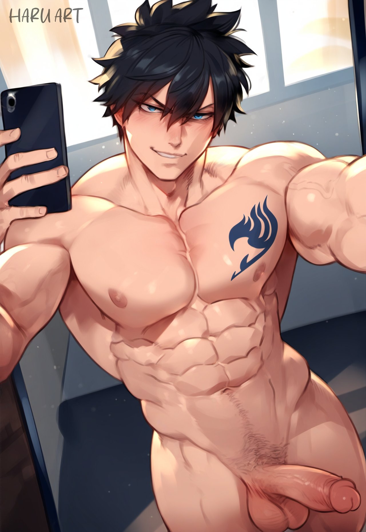 1boy abs ai_assisted ai_generated black_hair blue_eyes chest completely_nude dick fairy_tail gray_fullbuster haruartx male male_focus male_only mirror_selfie muscular muscular_male pecs pectorals penis phone photo selfie solo solo_focus solo_male tattoo