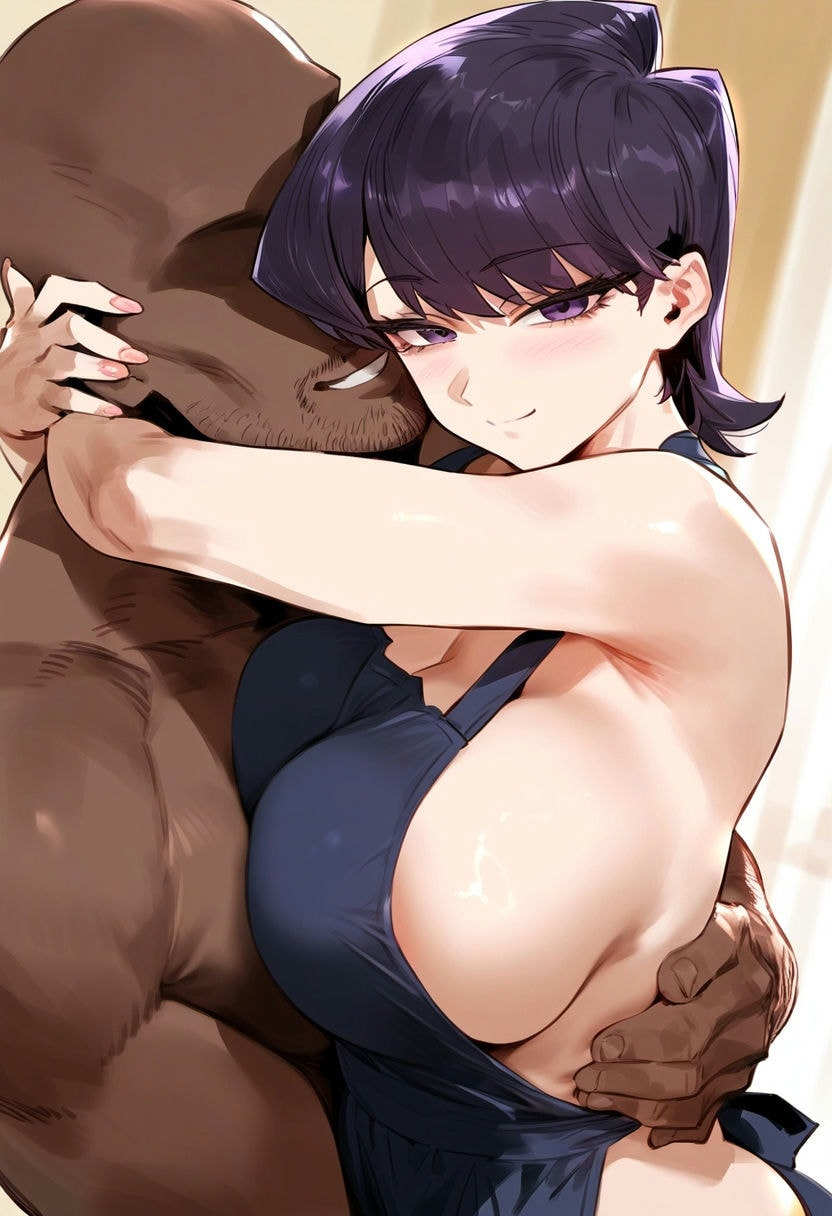 1boy, 1girls, ai generated, apron, bangs, bare shoulders, beard, black hair, blush, breast grab, breast press, breasts, cheating wife, cleavage, closed mouth, clothing, curvaceous, curvaceous figure, dark skin, dark-skinned male, dress, embracing, female, female focus, groping, hug, huge breasts, interracial, komi shuuko, komi-san wa komyushou desu, large breasts, light skin, light-skinned female, long hair, looking at viewer, male, married female, mature, mature female, milf, mommy, nakatori, netorare, ntr, nude, ponytail, purple eyes, purple hair, short hair, sideboob, smile, smirking, straight, thighs, voluptuous, voluptuous female