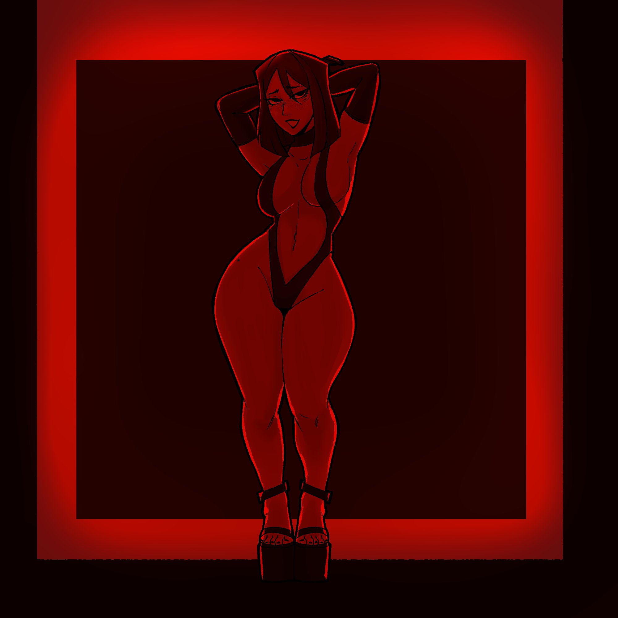 1girls, arms behind head, bare legs, bluueygooey, breasts, courtney (tdi), elbow gloves, female, female only, full body, gloves, grin, hair between eyes, high heels, large breasts, legs, looking at viewer, medium hair, monochrome, nail polish, navel, pose, revealing clothes, slingshot swimsuit, smile, solo, standing, total drama island, wide hips