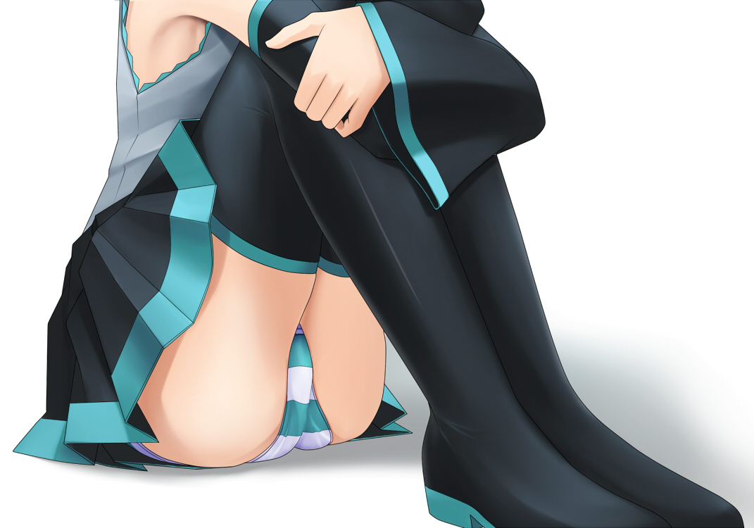 1girl, 1girls, ass, big ass, black skirt, boots, close-up, crotch, detached sleeves, eto, female, female only, green and white, hatsune miku, high thighs, hugging own legs, legs together, panties, panty focus, pantyshot, sitting, sitting on floor, skirt, solo, striped, striped panties, thigh boots, thighhighs, underwear, upskirt, vocaloid, white background