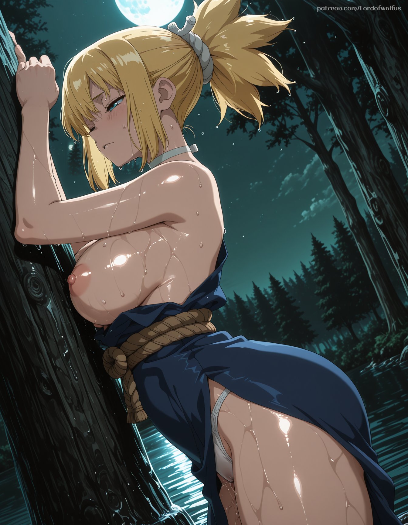 ai generated, blonde hair, blue eyes, breasts, breasts out, dr.stone, female, female only, kohaku (dr.stone), nipples, panties