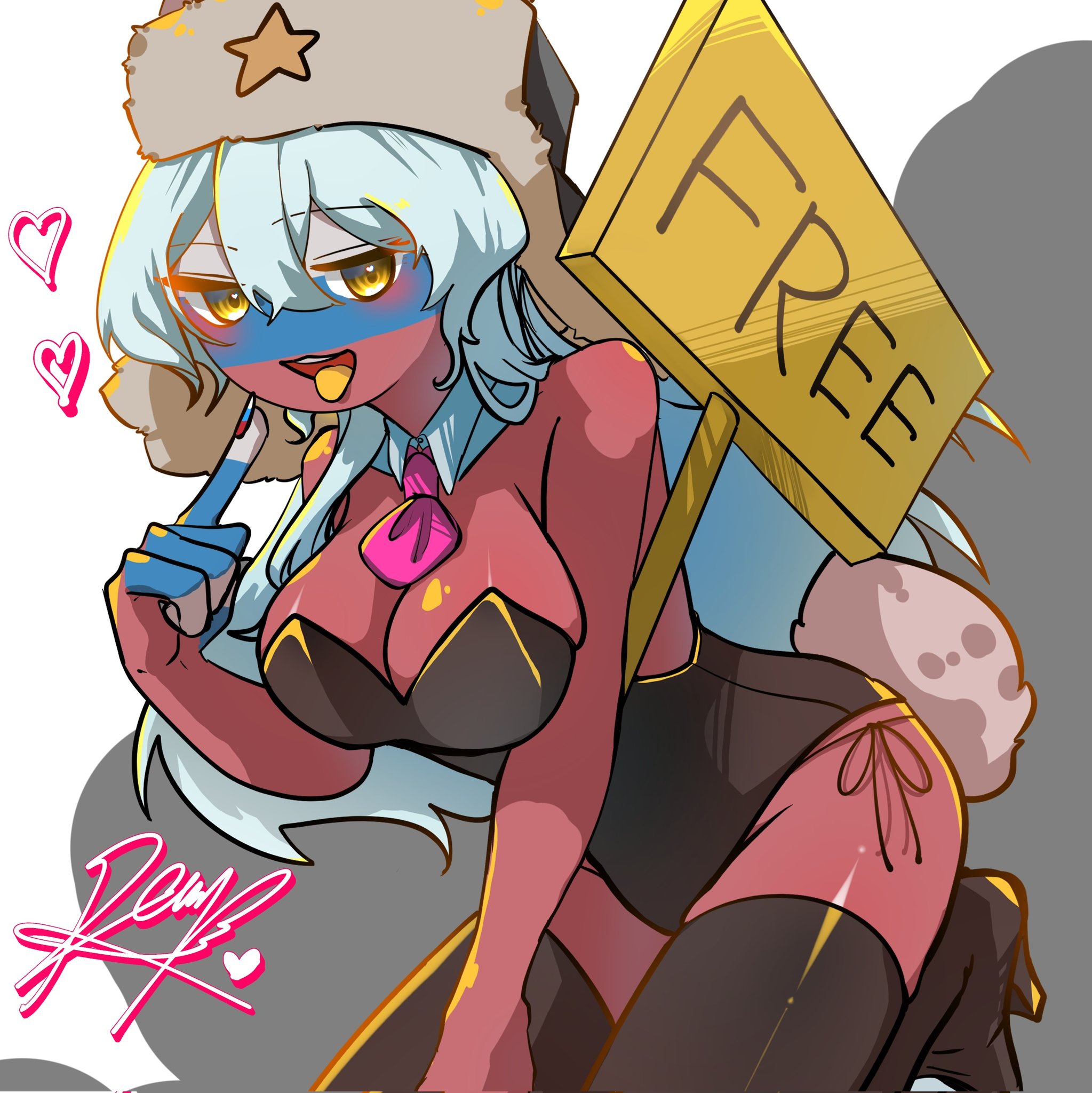 big breasts, breasts, bunnysuit, cleavage, colored nails, countryhumans, countryhumans girl, female, female focus, female only, open mouth, rena195728, russia (countryhumans), sign, solo, solo female, thighhighs, thighs, tongue, tongue out