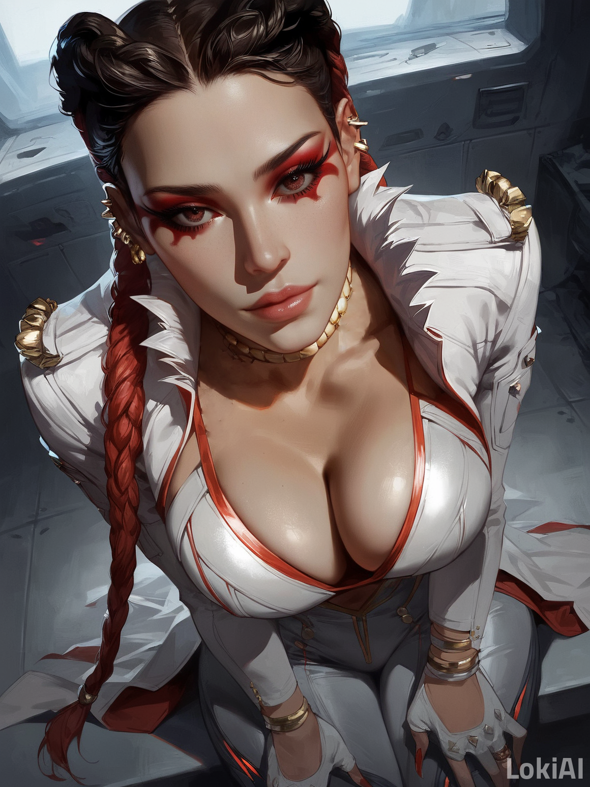 1girls, ai generated, apex legends, braided hair, braided ponytail, breasts, brown eyes, choker, cleavage, eyeshadow, female, female focus, female only, gloves, hands on thighs, jewelry, loba (apex legends), lokiai, looking at viewer, looking up, solo, solo female, stable diffusion, submissive, submissive female, suit