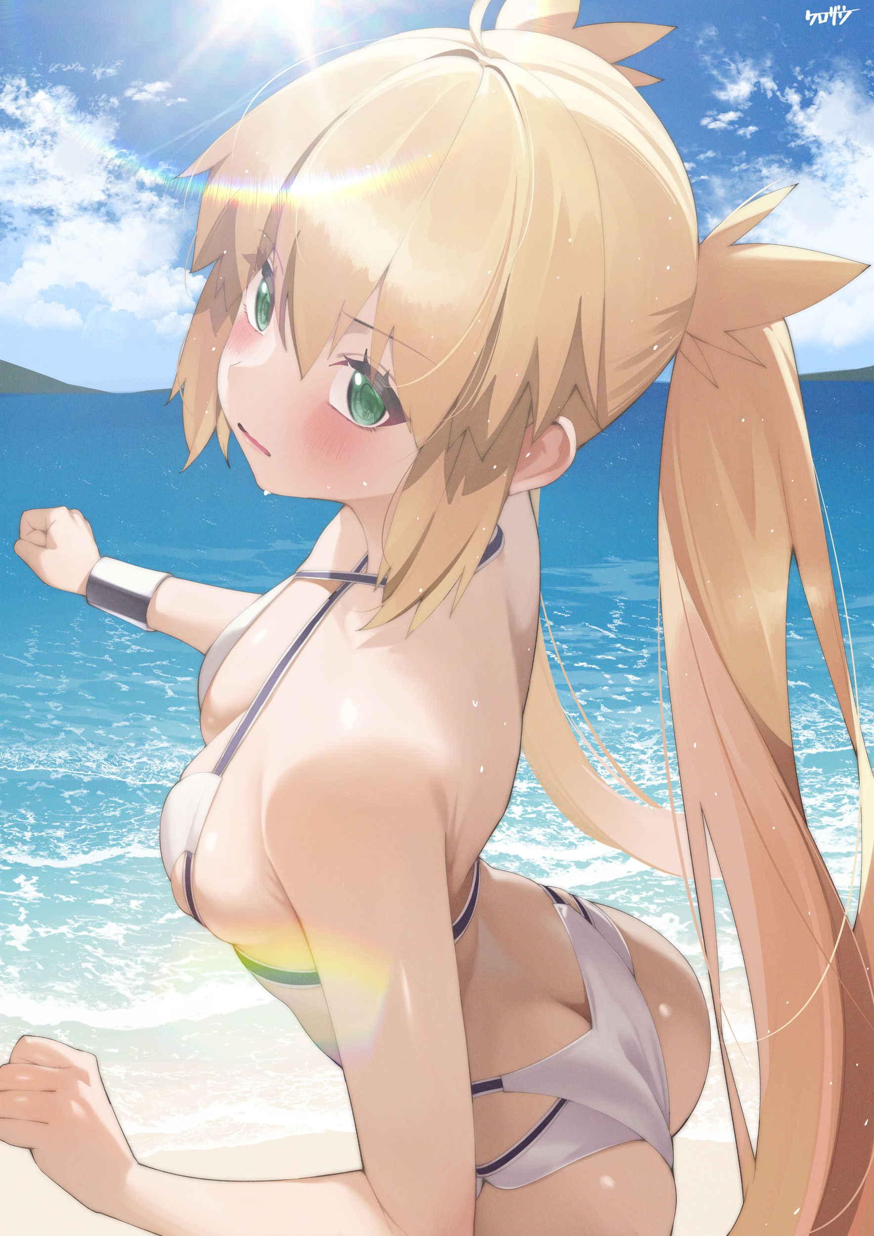 1girls, 2d, artoria pendragon, artoria pendragon (caster), ass, beach, bikini, blush, breasts, fate (series), fate/grand order, female, green eyes, kurozawa yui, light skin, light-skinned female, long hair, sand, small breasts, solo, swimsuit, water
