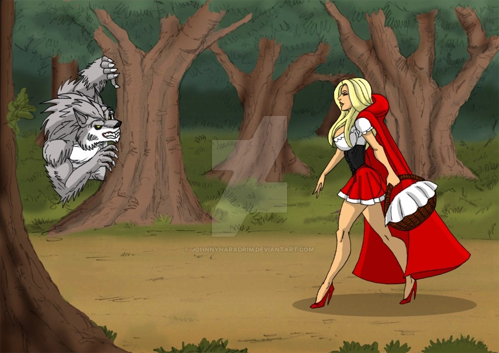 anthro big_ass big_bad_wolf big_breasts blonde_hair curvy fairy_tales forest johnnyharadrim literature little_red_riding_hood muscular_male public_domain red_hood wolf