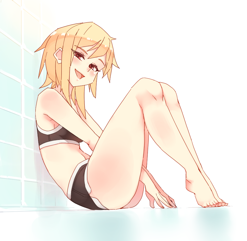 1girls against_wall bare_shoulders barefoot black_bra black_shorts black_sports_bra black_topwear blonde_hair bra eyelashes female female_only grin half-closed_eyes hands_between_legs head_tilt heels_up katawa_shoujo legs light-skinned_female looking_at_viewer medium_hair navel open_mouth open_smile red_eyes rtil satou_akira short_shorts shorts sitting smile smug solo sports_bra thighs topwear