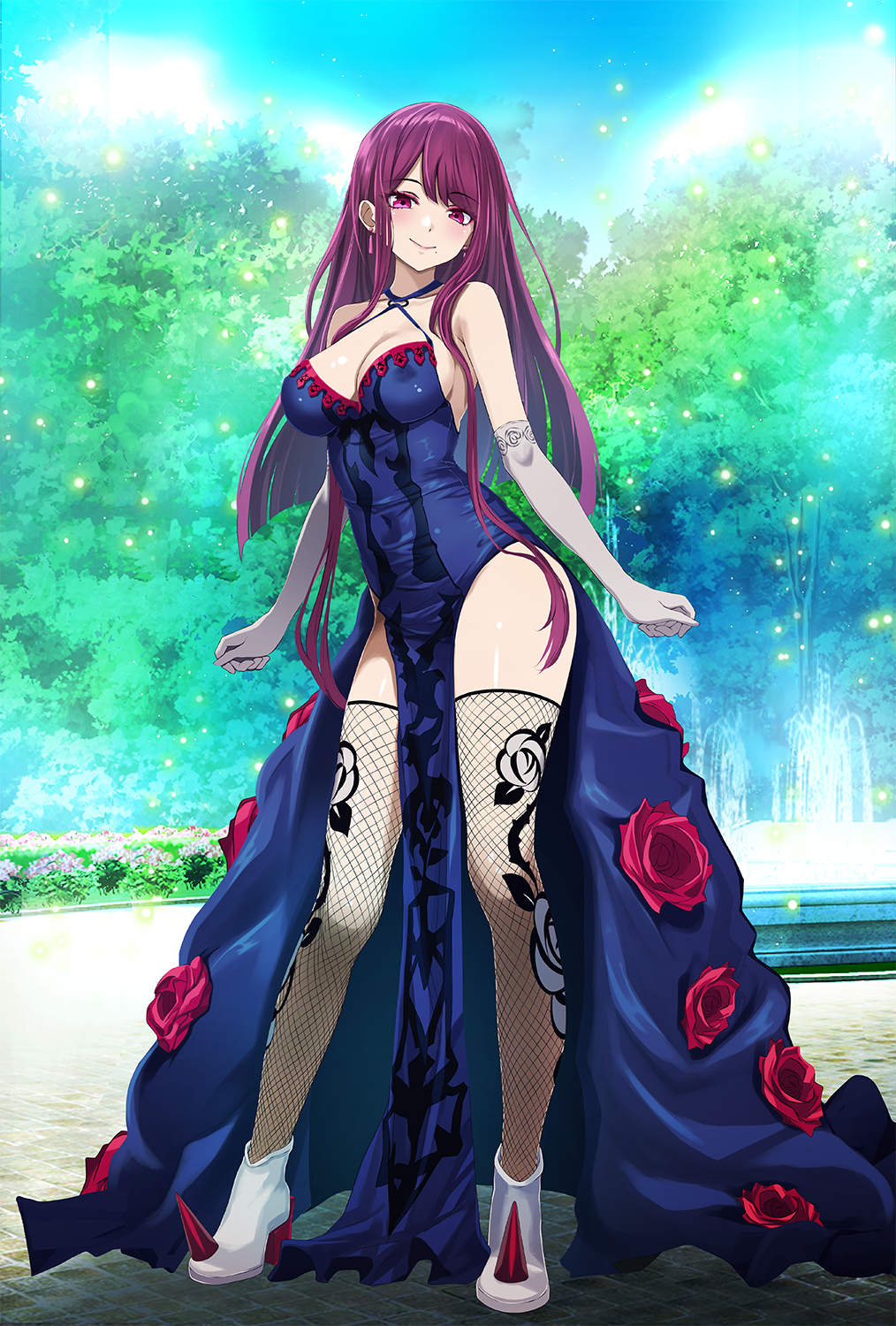 1girls bare_shoulders bench blue_dress blue_sky boots breasts cleavage criss-cross_halter day dress earrings female female_only fire_emblem fire_emblem_engage fishnet_thighhighs fishnets fountain full_body gloves halter_dress halterneck highres ivy_(fire_emblem) jewelry large_breasts long_hair looking_at_viewer mole mole_under_mouth nintendo outdoors pelvic_curtain purple_eyes purple_hair sky sleeveless sleeveless_dress smile solo standing thighhighs thighs tsukishiro_saika very_long_hair white_footwear white_gloves