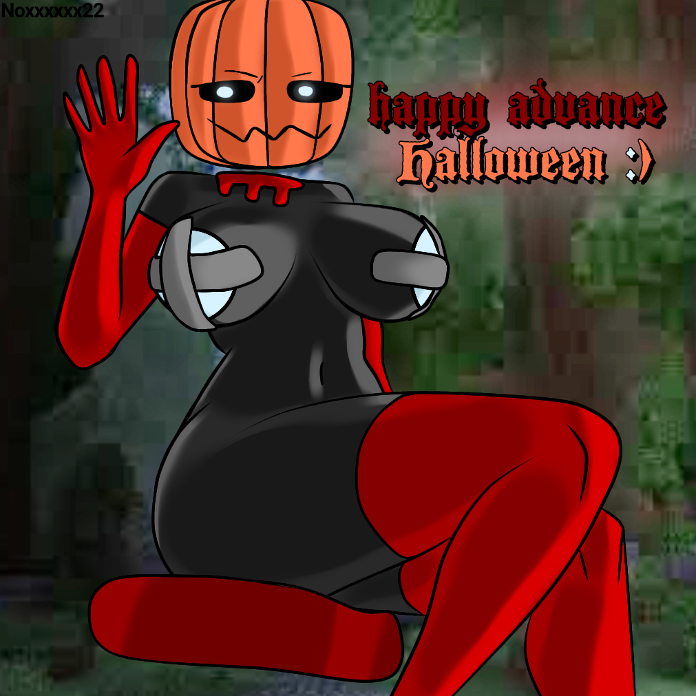 black_skin blue_nipples closed_legs floating_head halloween minecraft noxxxxxx22 oc pumpkin pumpkin_head taped_nipples