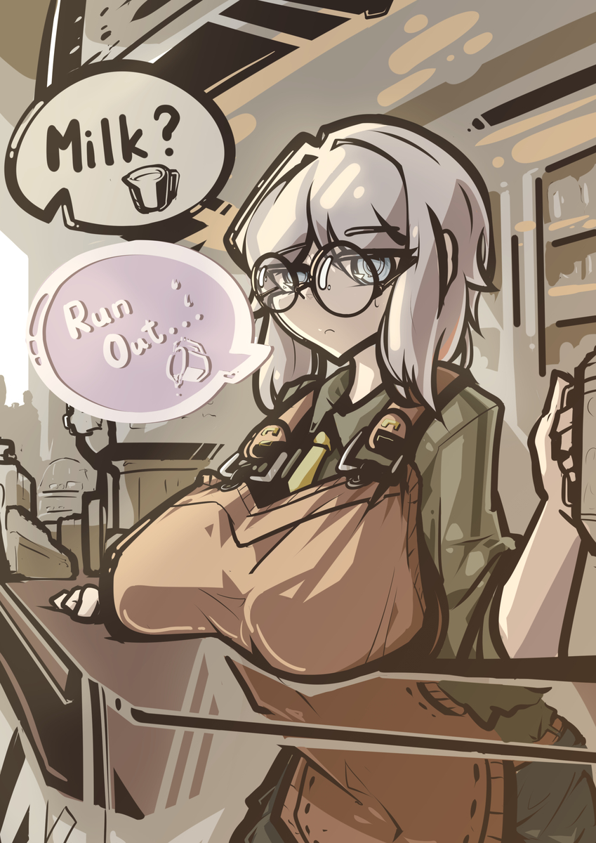 apron blue_eyes breasts coffee faust_(limbus_company) glasses limbus_company milk project_moon public short_hair sweat white_hair working yaubingowo