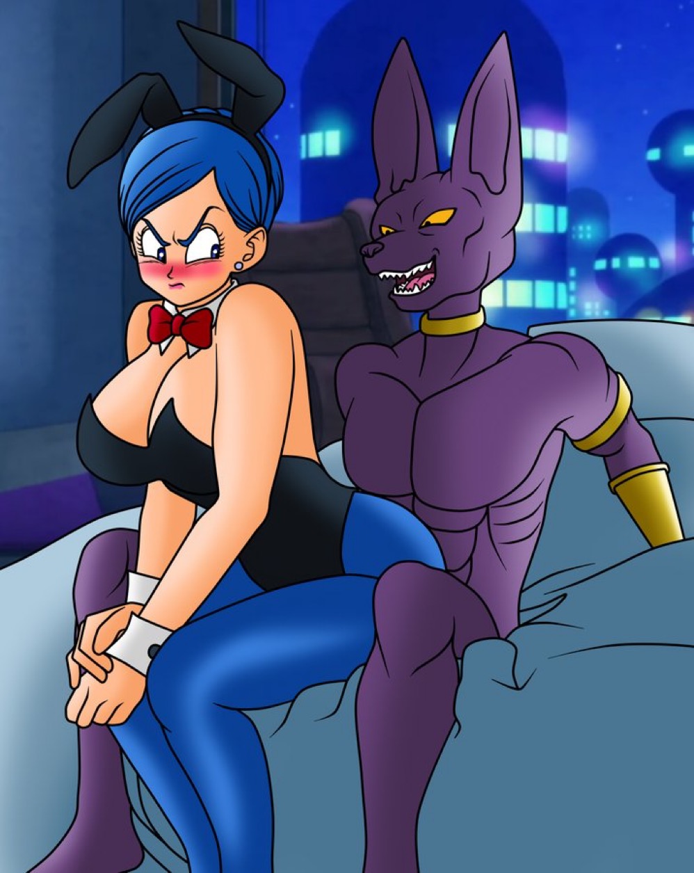 1boy ass bed bed_sheet bedroom beerus big_ass big_breasts blush breasts bulma_briefs bunny_ears bunny_girl bunnysuit doggy_style dragon_ball_super feline_humanoid from_behind human_on_anthro ianthro interspecies naked nude royalty setthh98 thick_thighs