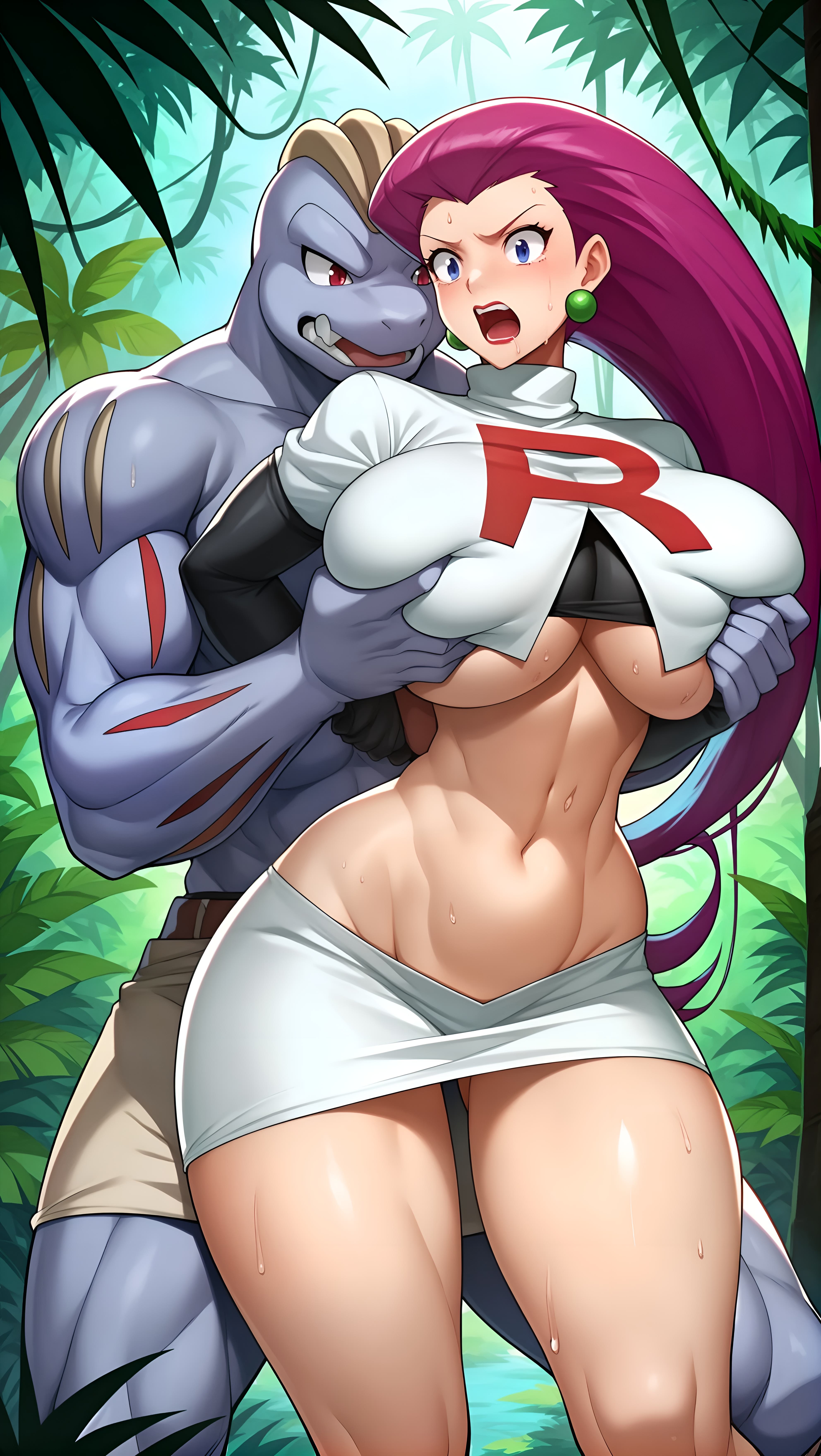 1boy, 1girls, ai generated, breasts, dans ai, female, grabbing, grabbing breasts, grabbing from behind, huge breasts, jessie (pokemon), male, pokémon (species), pokemon, pokemon (species)