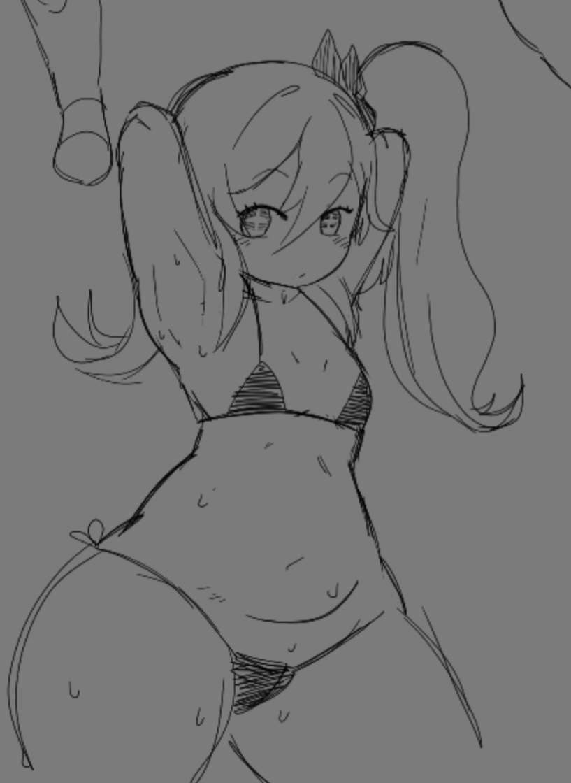 arms_behind_head bikini bottom_heavy female_only genshin_impact looking_at_viewer mochikirb monochrome nahida_(genshin_impact) ponytail sketch sweat