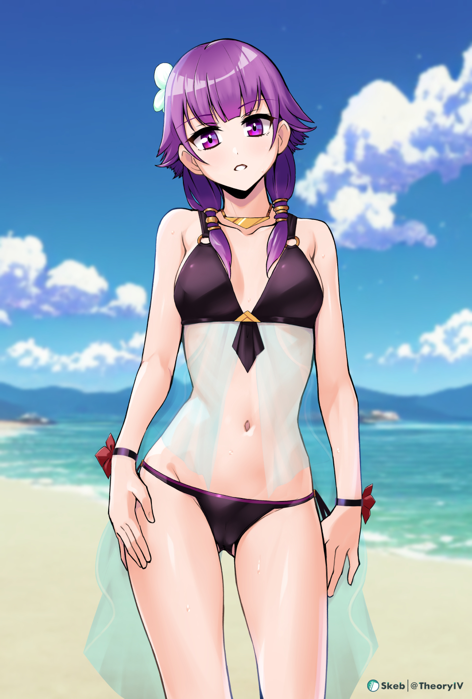 1girls aegis_(nerocc) alternate_costume artist_name ass_visible_through_thighs bangs bare_arms bare_midriff bare_shoulders beach bikini black_bikini black_swimsuit blue_sky breasts cameltoe cleft_of_venus cloud cowboy_shot day female female_only fire_emblem fire_emblem:_the_sacred_stones fire_emblem_heroes flower hair_flower highres lute_(fire_emblem) lute_(summer)_(fire_emblem) midriff mountainous_horizon navel nintendo ocean official_alternate_costume outdoors purple_eyes purple_hair sand see-through short_hair shoulders sidelocks sky small_breasts solo standing sweat swimsuit twintails veil water watermark