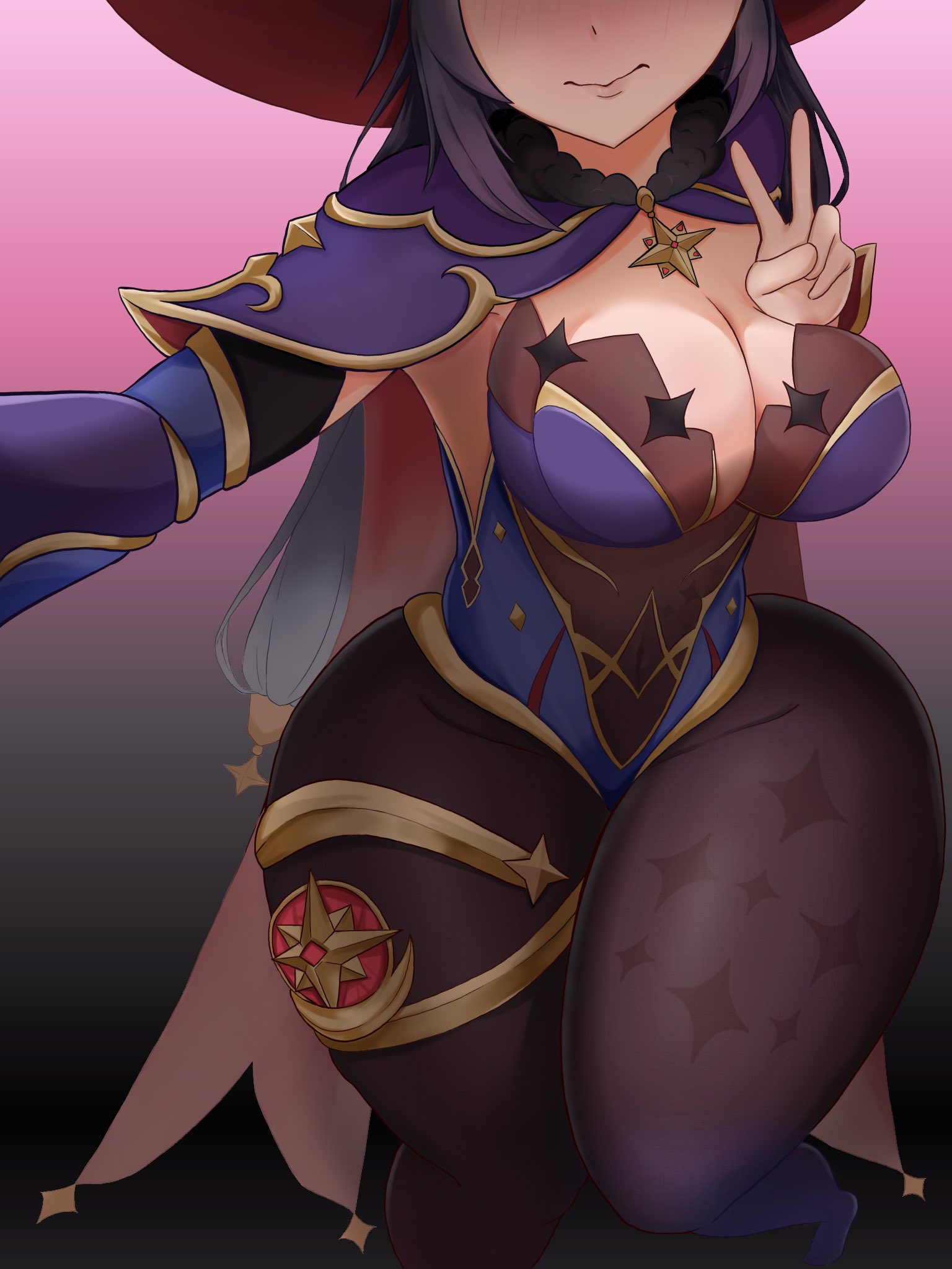1girls, big breasts, big thighs, blush, breasts, busty, clothed, clothed female, clothing, face out of frame, female, female only, genshin impact, huge thighs, large breasts, large thighs, mona (genshin impact), nnsalad, peace sign, selfie, thick thighs, thighs, v sign, voluptuous