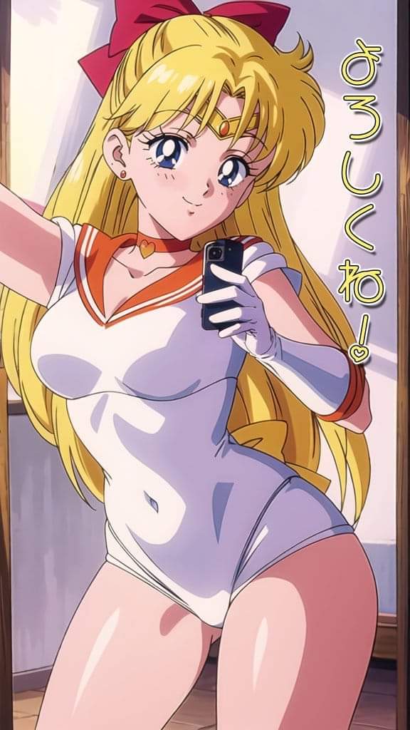 1girl 1girls artist_request bishoujo_senshi_sailor_moon bow cellphone cellphone_photo cellphone_picture clothing japanese_language japanese_text mirror mirror_reflection mirror_selfie no_pants no_skirt no_sleeves no_sleeves_shirt phone phone_camera photo picture sailor_moon_redraw_challenge sailor_venus selfie selfie_pose skin_tight skin_tight_suit skinny skinny_female skinny_girl small_breasts smiling_at_viewer thin thin_female thin_waist uncensored