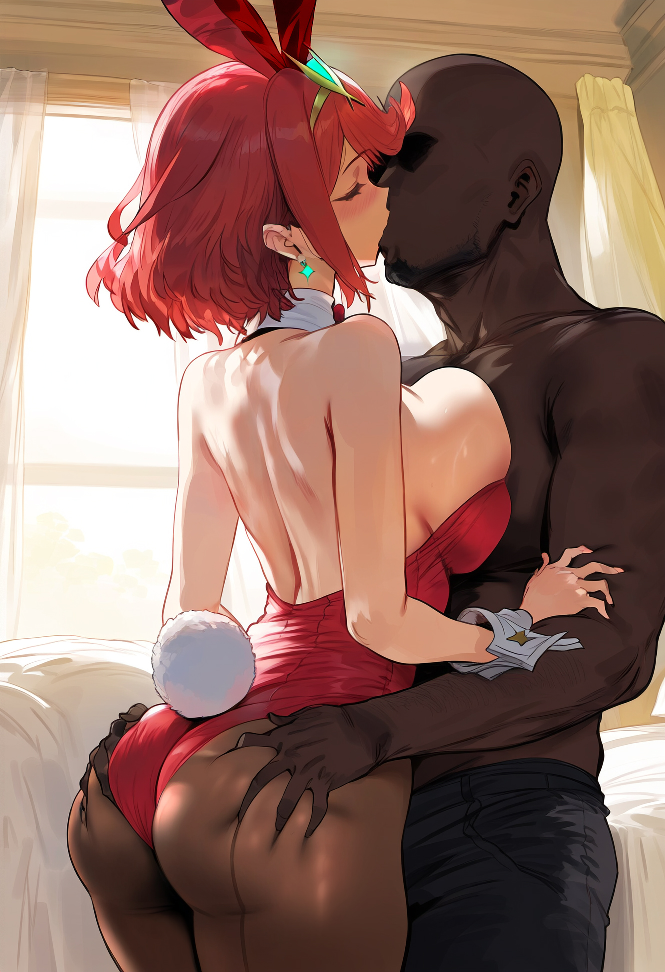ai generated, ass, ass grab, ass up, big ass, bunny costume, bunnysuit, dark skin, dark-skinned male, female, himeno, interracial, kiss, kissing, male, pyra, red eyes, red hair, romantic, short hair, tongue kiss, xenoblade (series), xenoblade chronicles 2