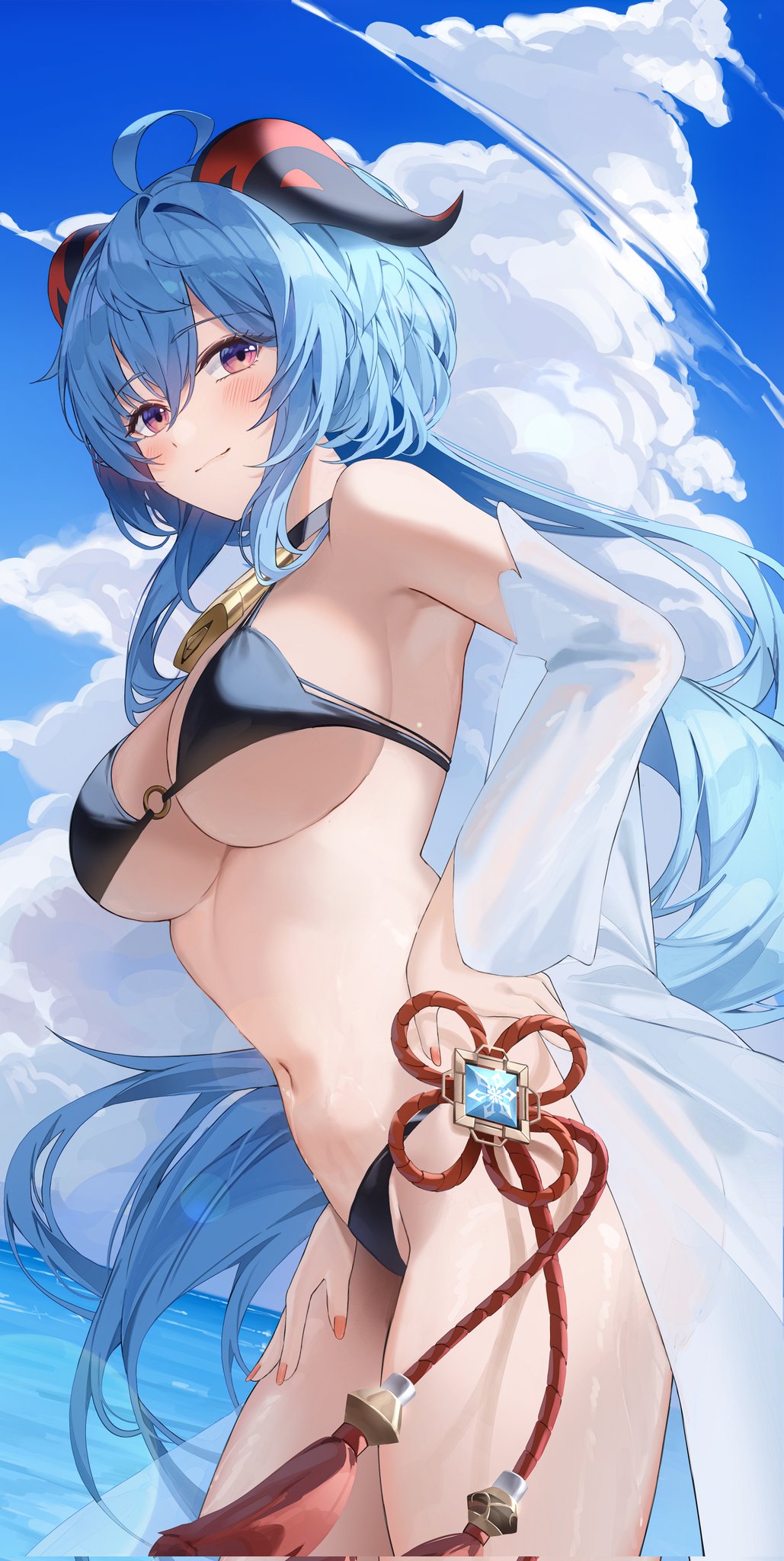 1girls 2d 2d_(artwork) alternate_costume artist_request bell big_breasts bikini bikini_bottom bikini_top black_bikini black_bikini_bottom black_bikini_top blue_hair bra clouds cow_bell day female female_focus female_only ganyu_(genshin_impact) genshin_impact high_resolution highres horns light-skinned_female light_skin long_hair looking_at_viewer ocean outdoors revealing_clothes revealing_swimsuit side_view sky slim_girl smiling smiling_at_viewer solo solo_female solo_focus standing summer swimsuit thong thong_bikini two_piece_swimsuit underboob very_long_hair vision_(genshin_impact) water