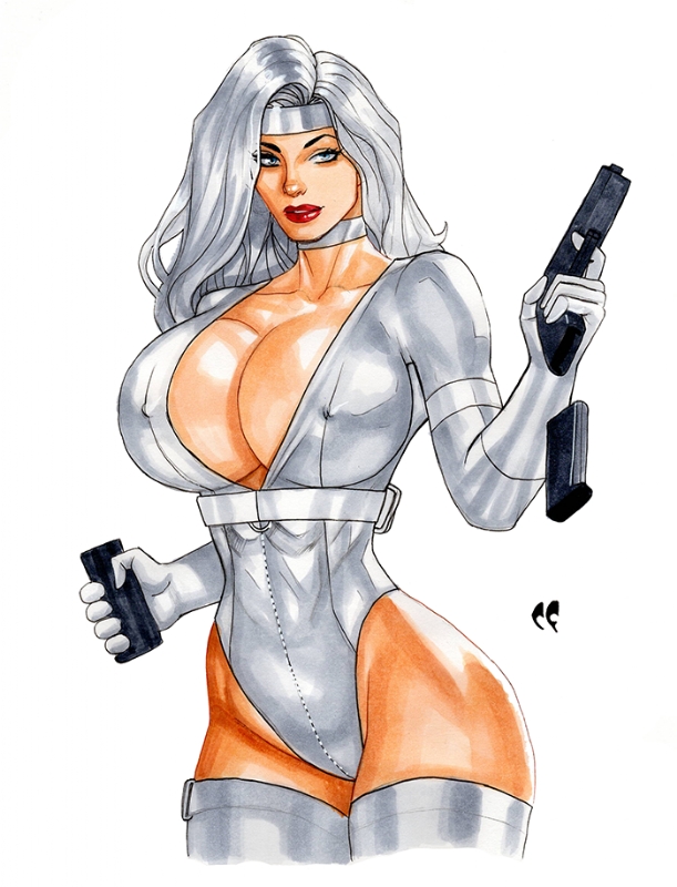 choker chris_foulkes curvy curvy_figure gun handgun huge_breasts looking_at_viewer marvel marvel_comics pistol silver_hair silver_sable thick_thighs white_background