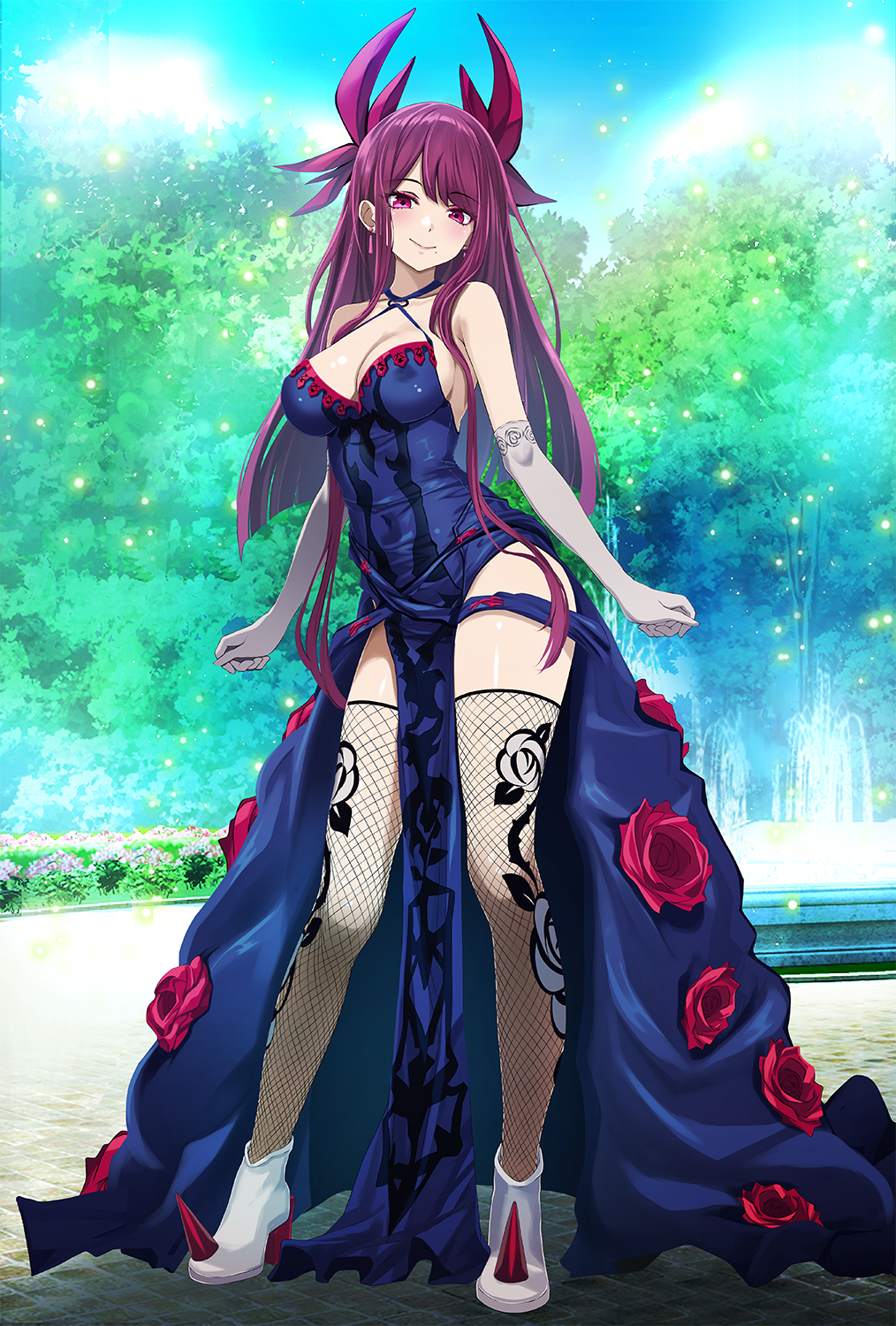 1girls bare_shoulders bench blue_dress blue_sky boots breasts cleavage criss-cross_halter day dress earrings female female_only fire_emblem fire_emblem_engage fishnet_thighhighs fishnets fountain full_body gloves halter_dress halterneck highres ivy_(fire_emblem) jewelry large_breasts long_hair looking_at_viewer mole mole_under_mouth nintendo outdoors pelvic_curtain purple_eyes purple_hair sky sleeveless sleeveless_dress smile solo standing thighhighs thighs tsukishiro_saika very_long_hair white_footwear white_gloves