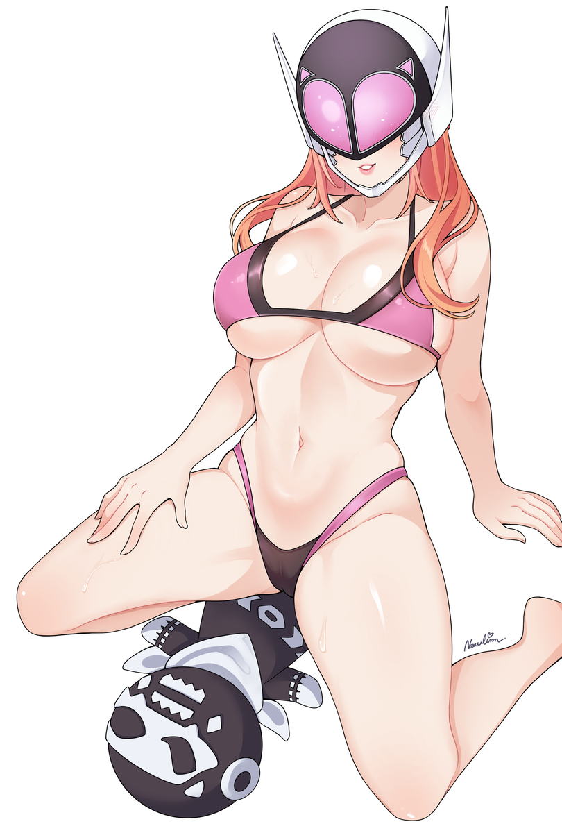 1girls big_breasts bikini dragon_keeper duster_(species) female_only fit_female go!_go!_loser_ranger! mask masked masked_female narulinn orange_hair pink_keeper plushie ranger_reject sakurama_sesera sentai_daishikkaku thick_thighs white_background