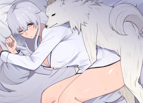 azur_lane bed canine canine graf_zeppelin_(azur_lane) huhuhu4949 on_bed tagme waking_up white_fur white_hair zoophilia