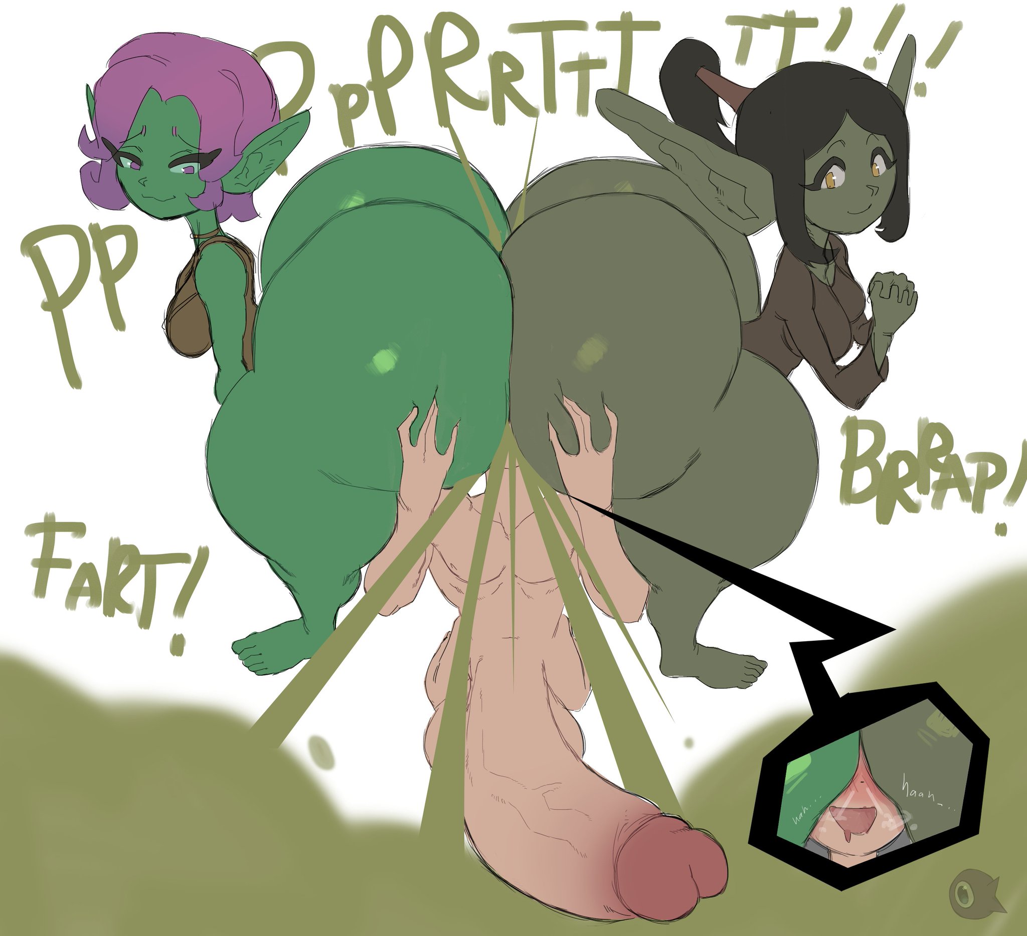 1boy, 2girls, ass, ass in face, big ass, bottom heavy, edda (undergroundj), erection, fart, fart cloud, fart fetish, farting, farting in face, female, goblin, goblin female, green skin, huge ass, hyper penis, male, penis, undergroundj