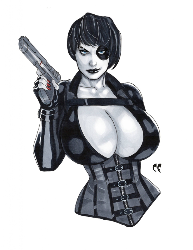 black_hair chris_foulkes curvaceous curvy curvy_body curvy_female curvy_figure domino_(marvel) grey_body grin gun handgun huge_breasts marvel marvel_comics neena_thurman pistol smile smirk white_background x-force x-men