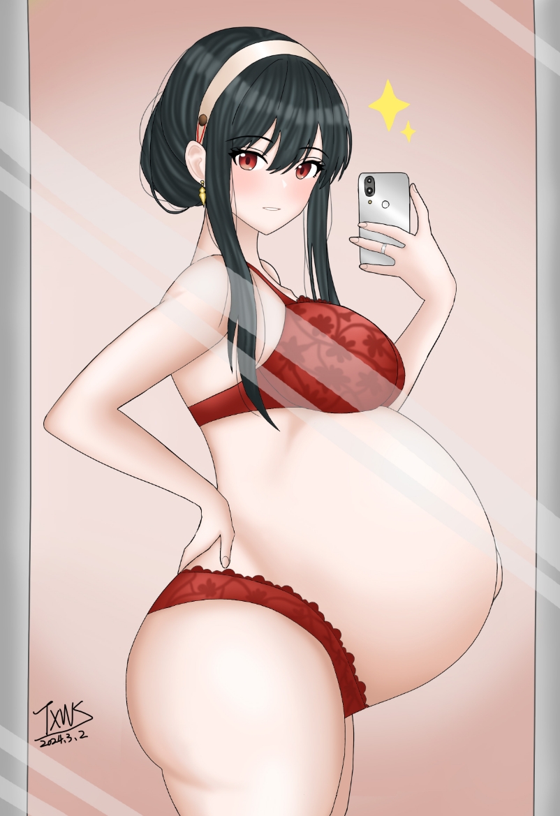 1girls, belly, big belly, black hair, bra, female, panties, pregnant, selfie, smartphone, solo, spy x family, tuxingwangsun, yor briar