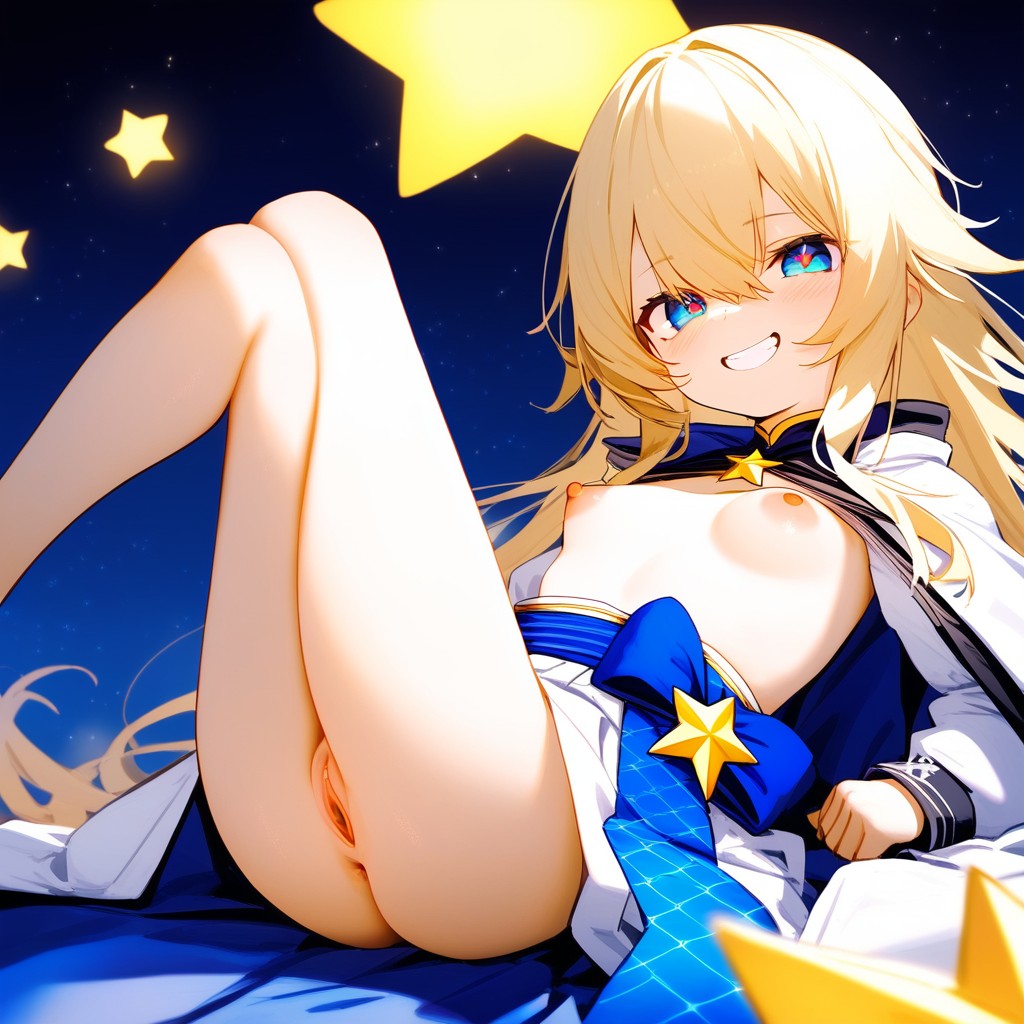 1girls ai_generated bleach bleach:_the_thousand-year_blood_war blonde_hair blue_eyes cute flat_chest gesetz_valkyrie legs_up showing_off small_breasts smaller_female star_background young