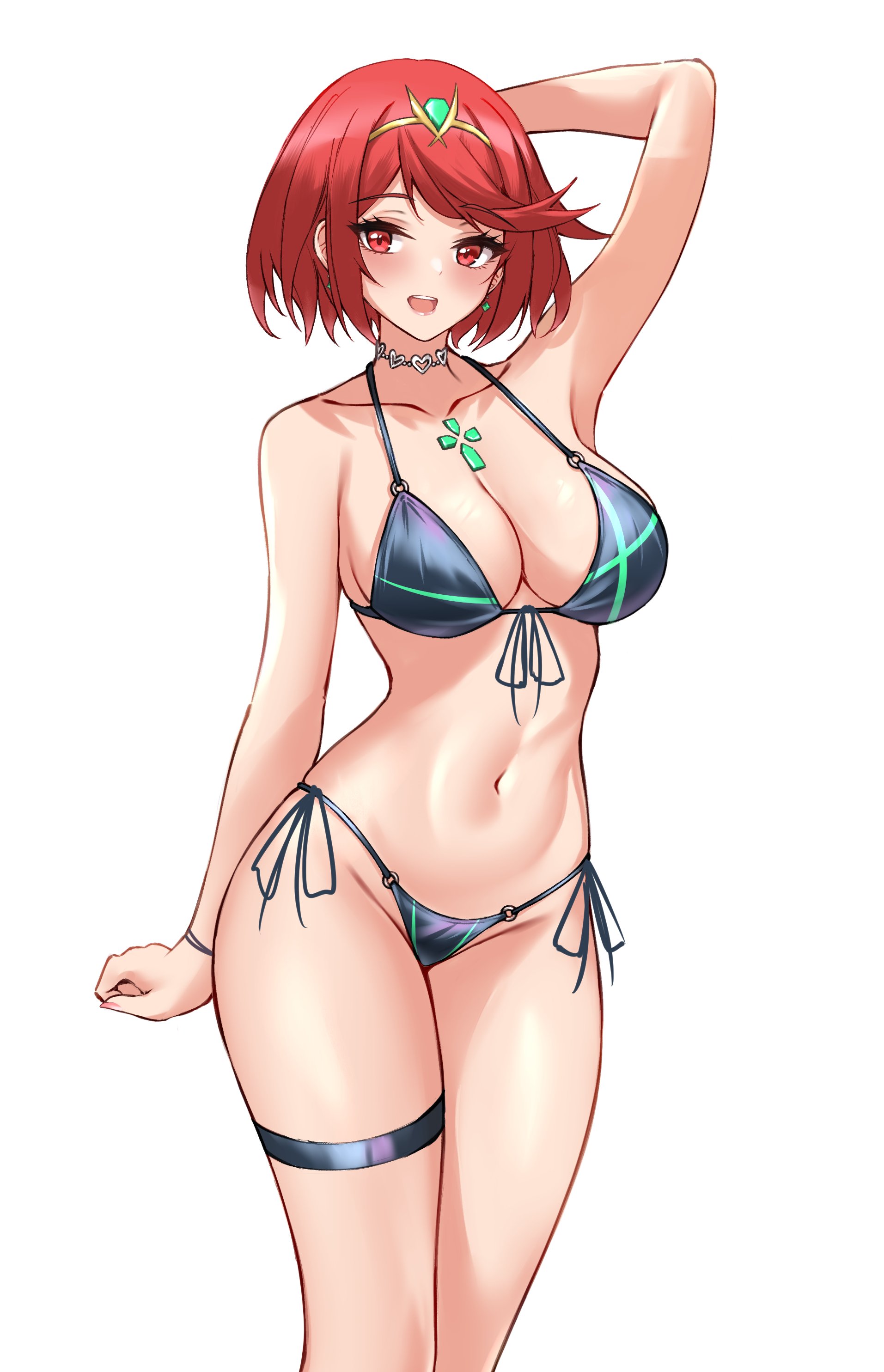 1girls, 2d, 2d (artwork), alternate costume, arm behind head, artist request, belly button, big breasts, bikini, bikini bottom, bikini top, blush, bra, breasts, cleavage, core crystal, covered nipples, female, female focus, female only, front view, high resolution, highres, hourglass figure, light skin, light-skinned female, looking at viewer, navel, pyra, red eyes, red hair, revealing clothes, revealing swimsuit, simple background, slim female, smiling, smiling at viewer, solo, solo female, solo focus, standing, swimsuit, thong, thong bikini, two piece swimsuit, white background, xenoblade (series), xenoblade chronicles 2