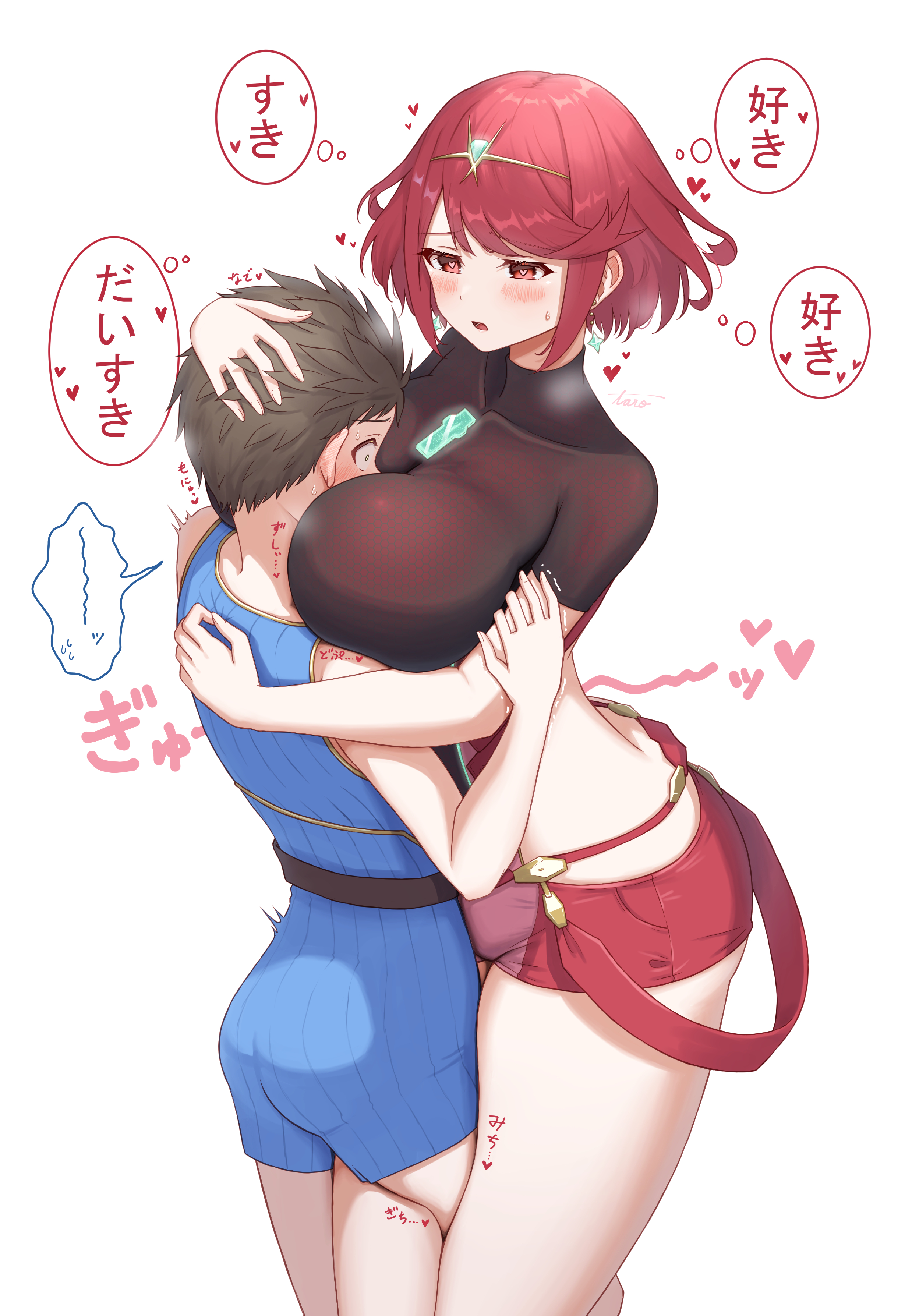 1boy, absurdres, bangs, blush, breast smother, breasts, brown hair, diagonal stripes, earrings, face in breasts, face to breasts, female, head between breasts, headpiece, heart, highres, hug, jewelry, large breasts, pyra, red eyes, red hair, red shorts, rex (xenoblade), shirt, short hair, short shorts, shorts, striped, swept bangs, taro (peach taro51), tiara, translation request, white background, xenoblade (series), xenoblade chronicles 2