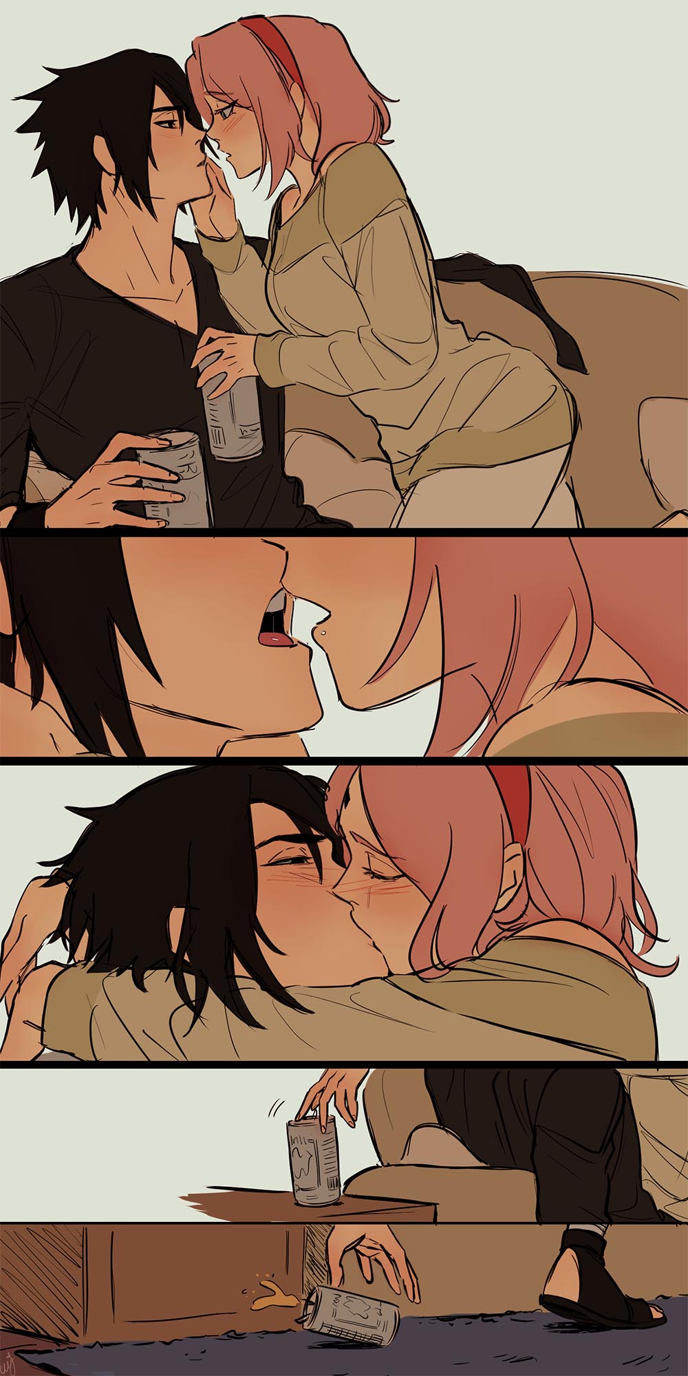 1boy 1girls alcohol black_eyes black_hair blush canon_couple ceejss couch couch_sex couple drunk female green_eyes human kissing male male/female naruto naruto:_the_last pink_hair sakura_haruno sasuke_uchiha