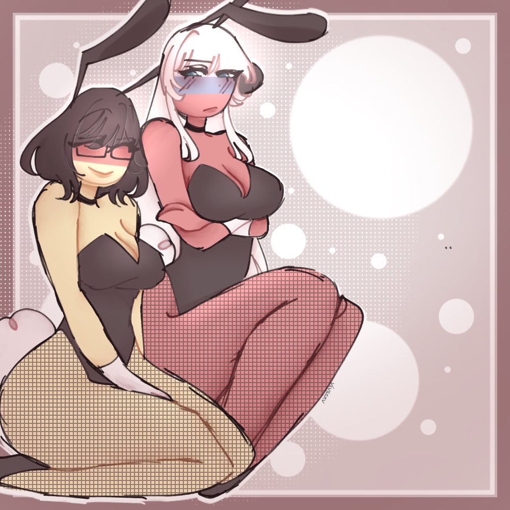 2girls, breasts, bunny ears, bunnysuit, cleavage, countryhumans, countryhumans girl, female, fishnets, germany (countryhumans), russia (countryhumans), smile, thick thighs, thighs, vivcxvx