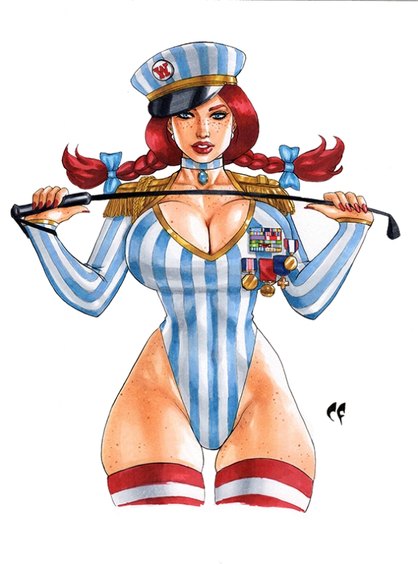 blue_eyes cap choker chris_foulkes cleavage curvy curvy_body curvy_female curvy_figure female female_only freckles freckles_on_face fully_clothed looking_at_viewer red_hair thick_thighs thighhighs tight_clothing wendy's wendy_thomas white_background