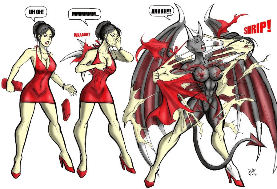 black_hair bodysuit demon disguise high_heels horns human_disguise johnnyharadrim monster muscular_female pale_skin purse red_dress red_high_heels skinsuit text wings