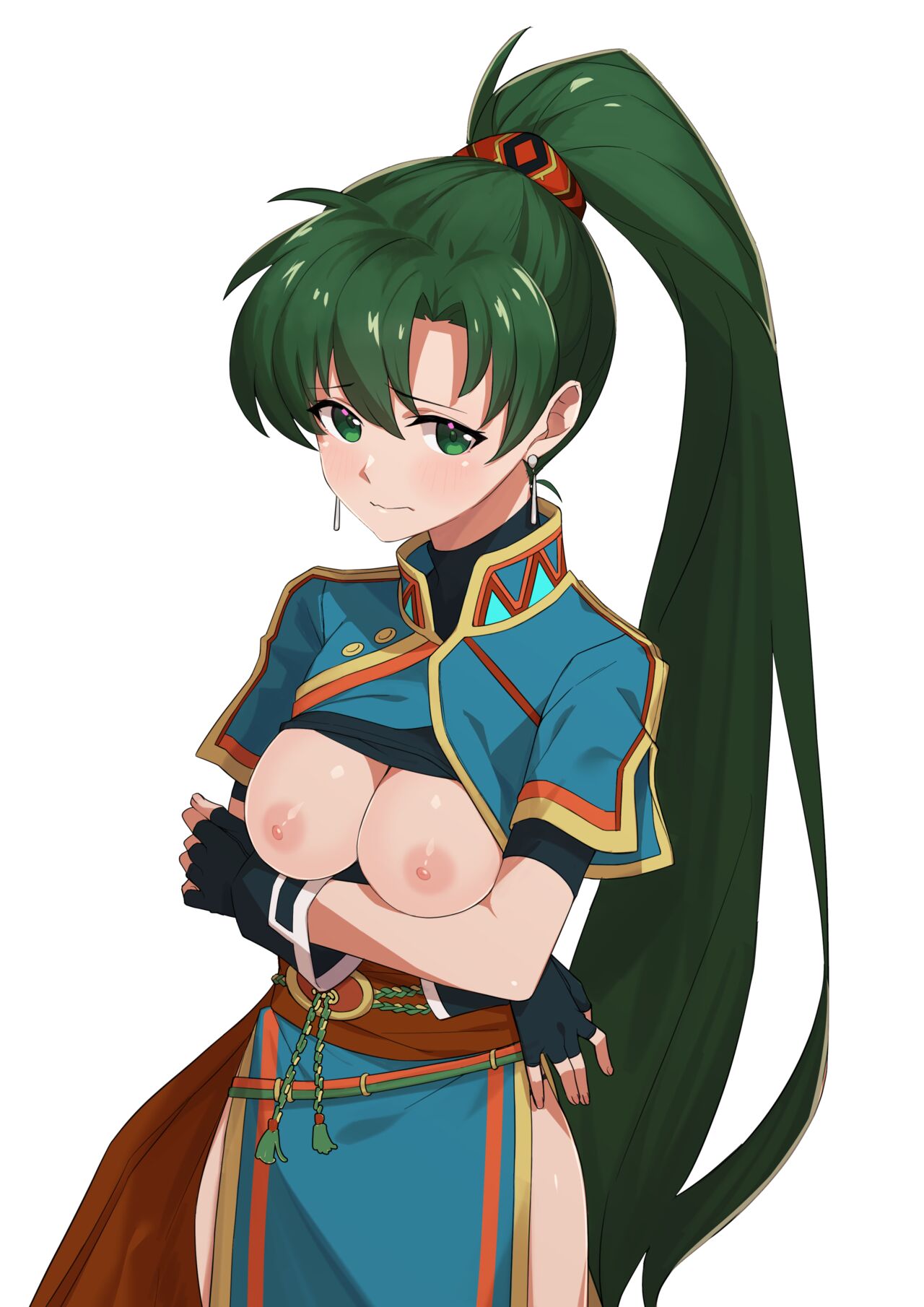 1girls black_gloves blue_dress breasts breasts_out cleavage commentary_request dress earrings embarrassed female female_only fingerless_gloves fire_emblem fire_emblem:_the_blazing_blade frown gloves green_eyes green_hair high_ponytail highres jewelry large_breasts long_hair looking_at_viewer lyn_(fire_emblem) morisobo nintendo nipples no_bra paid_reward_available pelvic_curtain ponytail simple_background solo very_long_hair wavy_mouth white_background