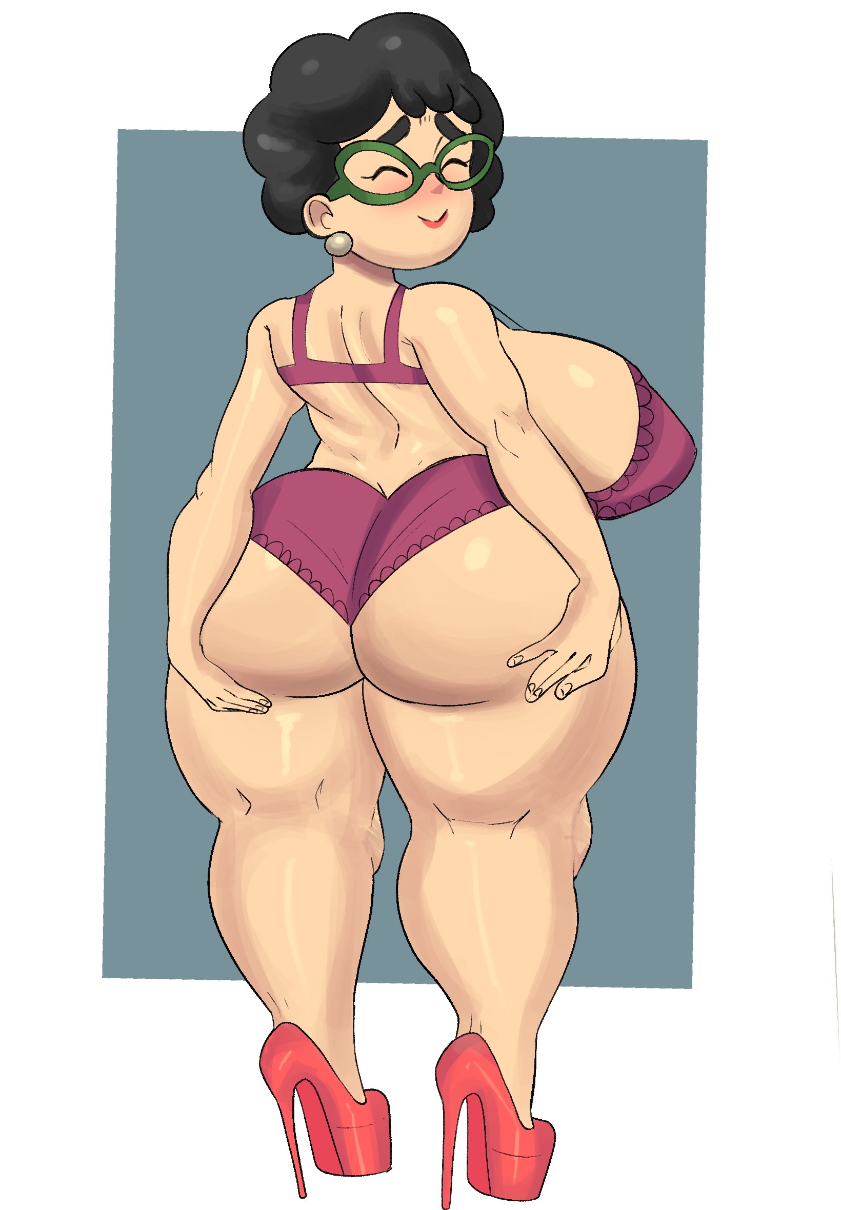 ass, black hair, breasts, closed eyes, closed eyes smile, commission, curvaceous, curvy, darkdm, earrings, female, from behind, game freak, gilf, glasses, hands on own ass, high heels, huge ass, huge breasts, looking back, mature female, milf, nipple slip, nipples, npc, npc trainer, pants, pantylines, pokemon, pokemon xy, red heels, short hair, sideboob, smile, tagme, thick, thick eyebrows, tourist (pokemon), underwear only, wide hips