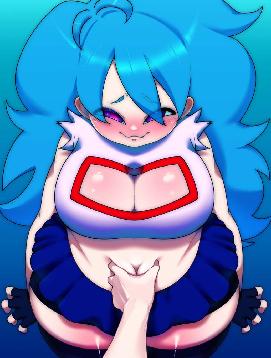 :3, bbw, belly, belly bulge, big breasts, blue hair, blush, blushing, breasts, chubby, chubby female, cleavage, female, fingerless gloves, friday night funkin, friday night funkin mod, pinkbobatoo, pov, skiddioop, skyblue, skyblue (friday night funkin), skyverse, squishy belly, stereodaddy, thick thighs
