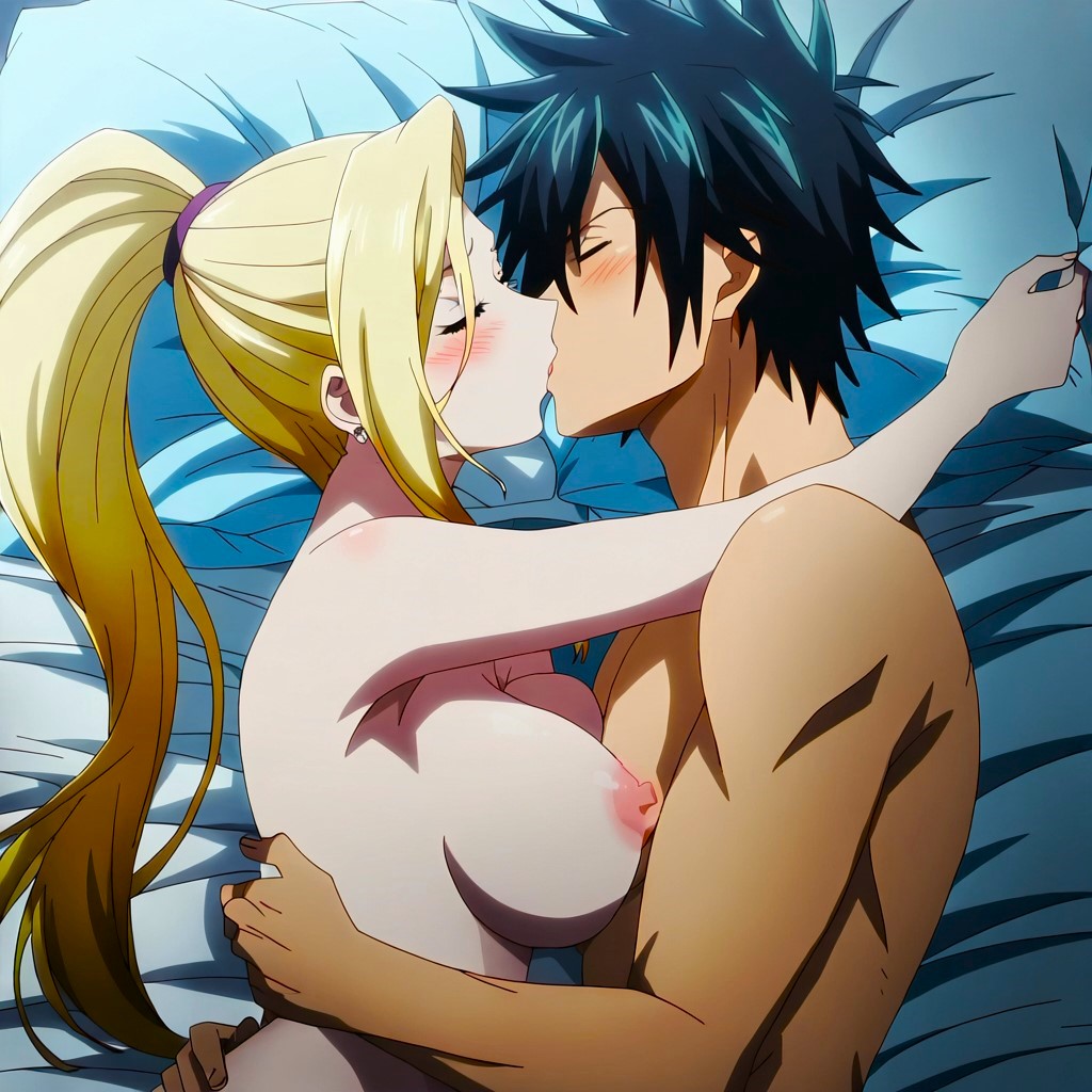 1boy1girl ai_generated anime attractive beautiful bed bed_covers bedroom_sex big_breasts black_hair blonde_female blush busty closed_eyes crossover crossover_pairing crossover_sex curvy_female dreson earrings embrace fairy_tail fantasy female french_kiss gray_fullbuster gray_kiss_ino hands_on_waist handsome hug indoors ino_yamanaka kissing kunoichi love_making mage male nai_diffusion naruto naruto_shippuden nipples nude pillow pillow_grab ponytail sexy straight young_couple