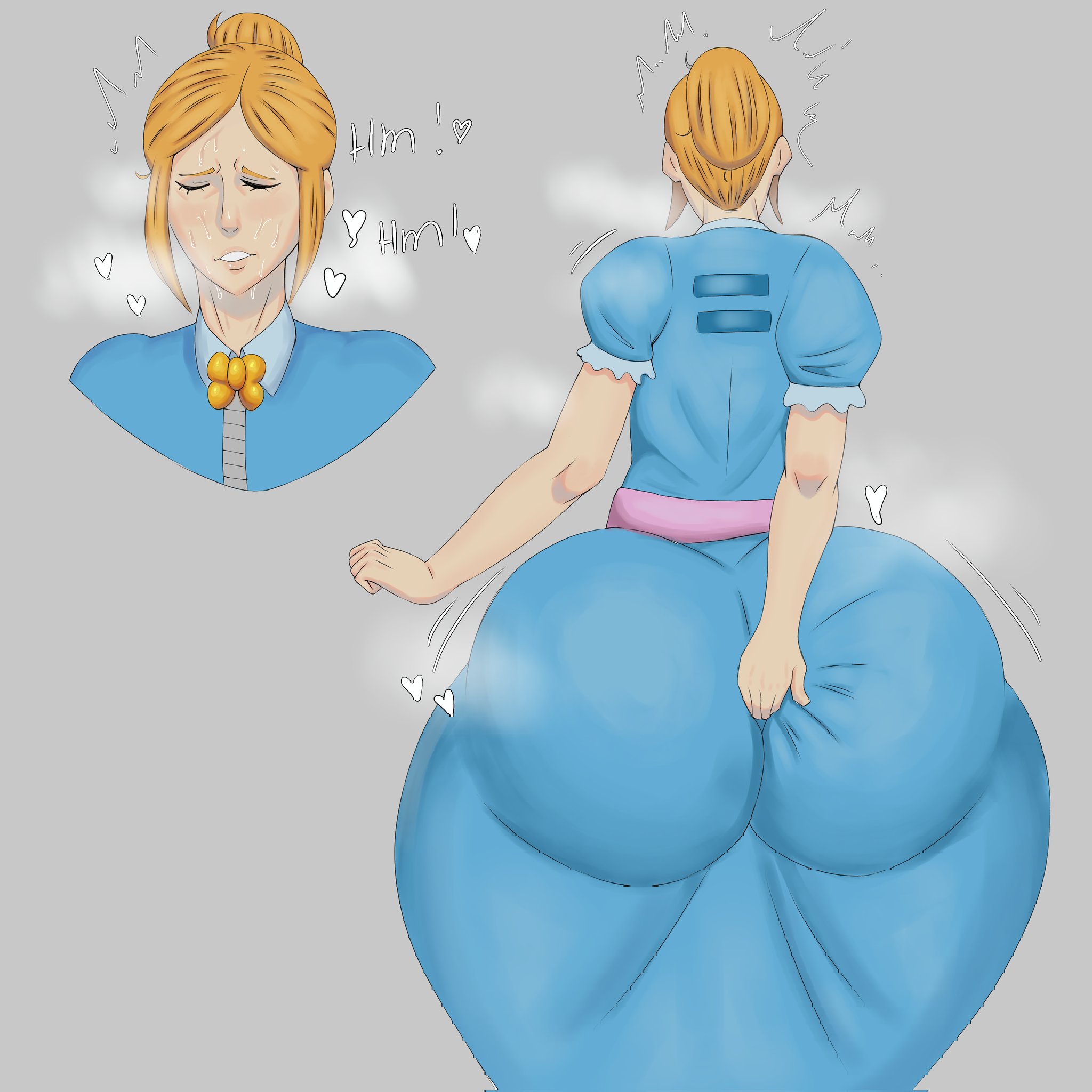 1girls, 5 fingers, ass, ass in dress, big ass, blush, body outline, bottom heavy, brawl stars, brooch, bubble ass, bubble butt, butt digging, closed eyes, clothed, digging up in they ass, dress, dress inside ass, eyelashes, female, female only, hair bun, heart symbol, huge ass, looking pleasured, luizinbk, motion lines, piper (brawl stars), solo, steam, steaming body, sweat, text