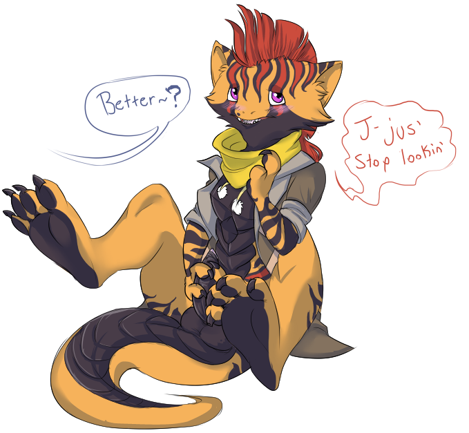 anthro anthrofied balls beelzemon_(artist) black_penis blush bottomless clothed clothing clothing_swap costume_switch english_text erection fan_character gaël_the_scrafty half-dressed jacket looking_away male male_only masturbation nintendo penis pokemon scarf scrafty shy sitting solo text uncut video_games voyeur