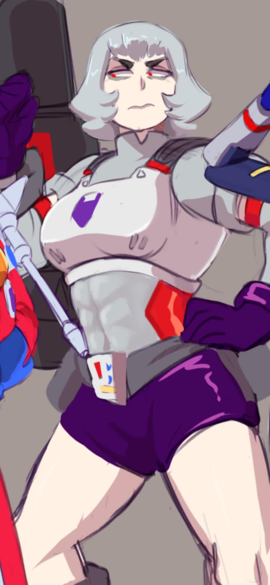 abs abs_visible_through_clothing annoyed breast_armor curvy_hips female fusion_cannon jobbythehong legs medium_breasts megatron short_hair shorts six_pack thick_thighs