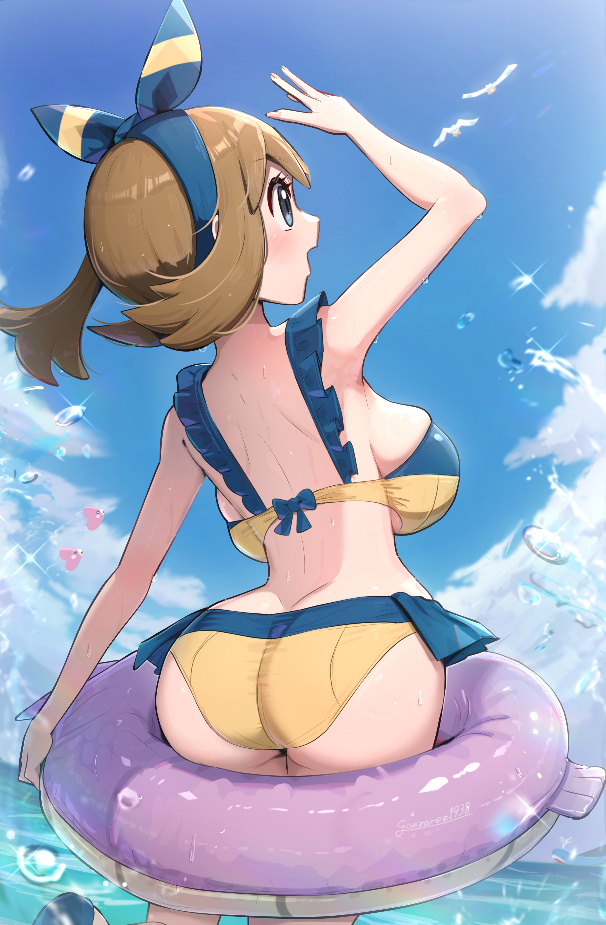alternate breast size, arm up, ass, ass focus, back, back view, backboob, bare arms, bare shoulders, big ass, bikini, blush, breasts, brown hair, cleavage, female, gonzarez, hair ribbon, huge breasts, innertube, may (pokemon), medium hair, ocean, open mouth, outdoors, pokemon, shiny skin, shoulder blades, smile, wading, water, wet body, yellow bikini